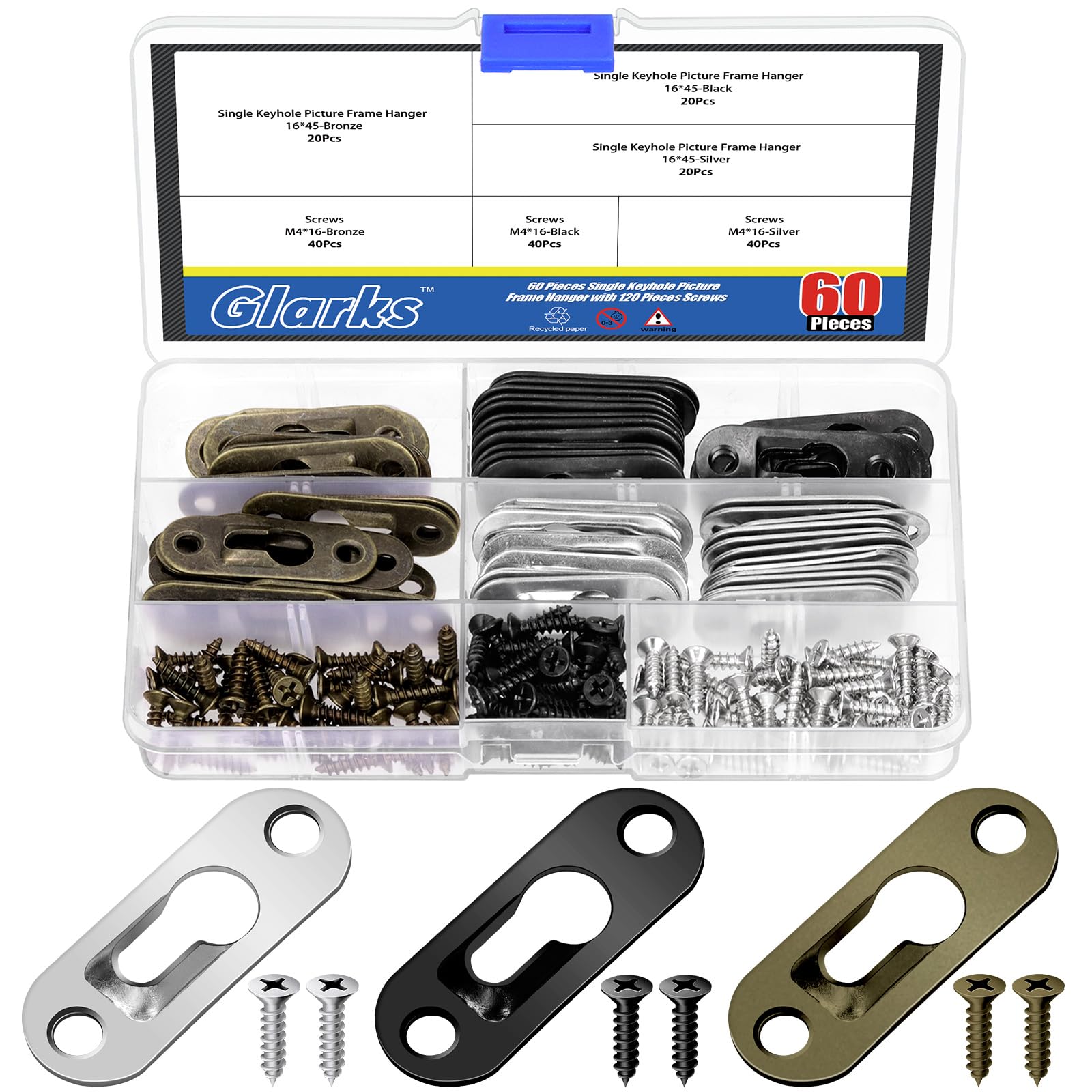 Glarks 180pcs 45 x 16mm Keyhole Hangers, Silver/Black/Bronze Keyhole Shelf Hanger with Screw, Single Keyhole Hanging Plate for Wall Mounting Coat Rack, Wooden Board, Mug