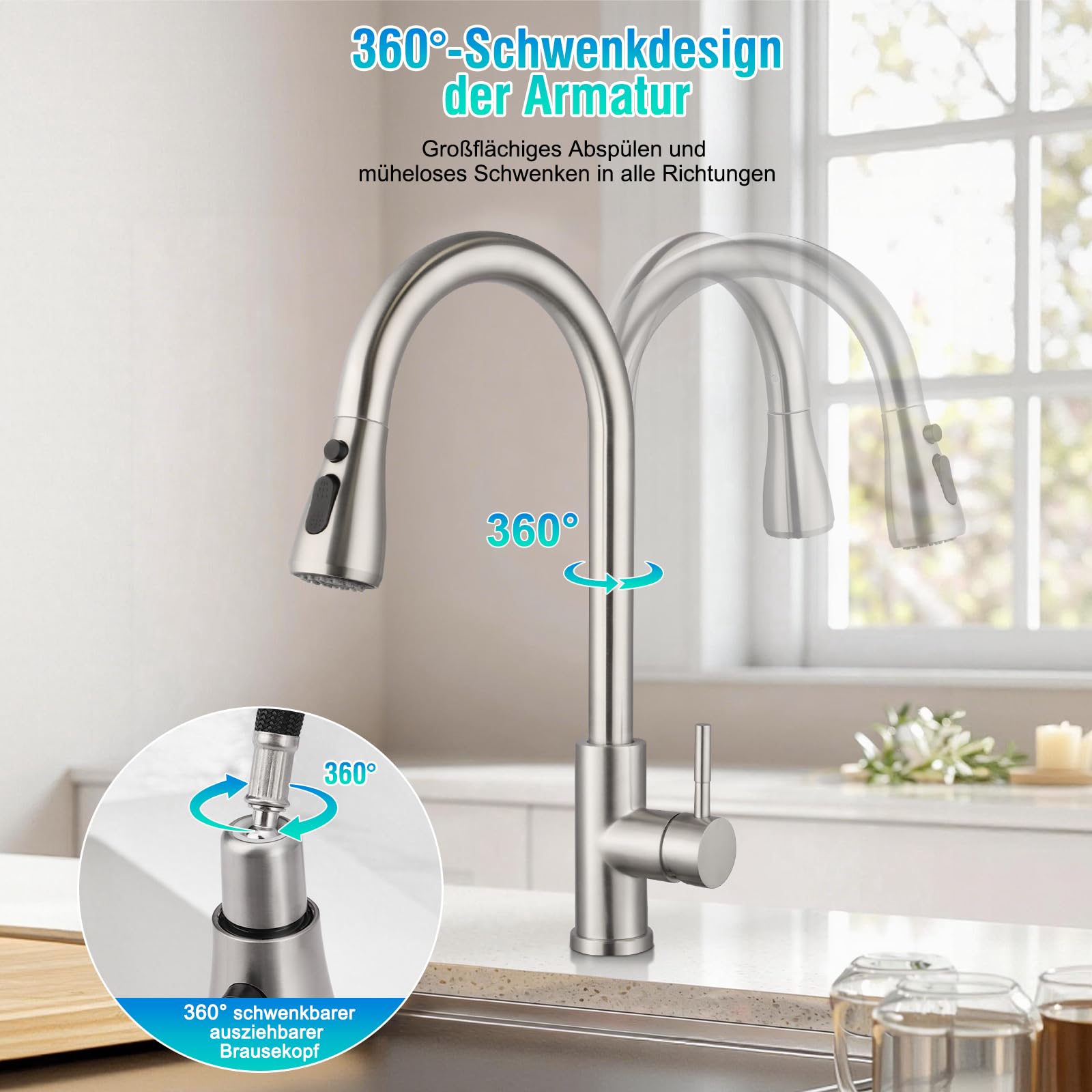 Wasserhahn Küchen, Hochdruck Küchenarmatur mit Brausekopf, 2 Wasserauslauf Modi, Wasserhahn Küche Ausziehbar, 360° Drehbar, 304 Gebürstete Edelstahl Spültischarmatur, Keramikkartusche