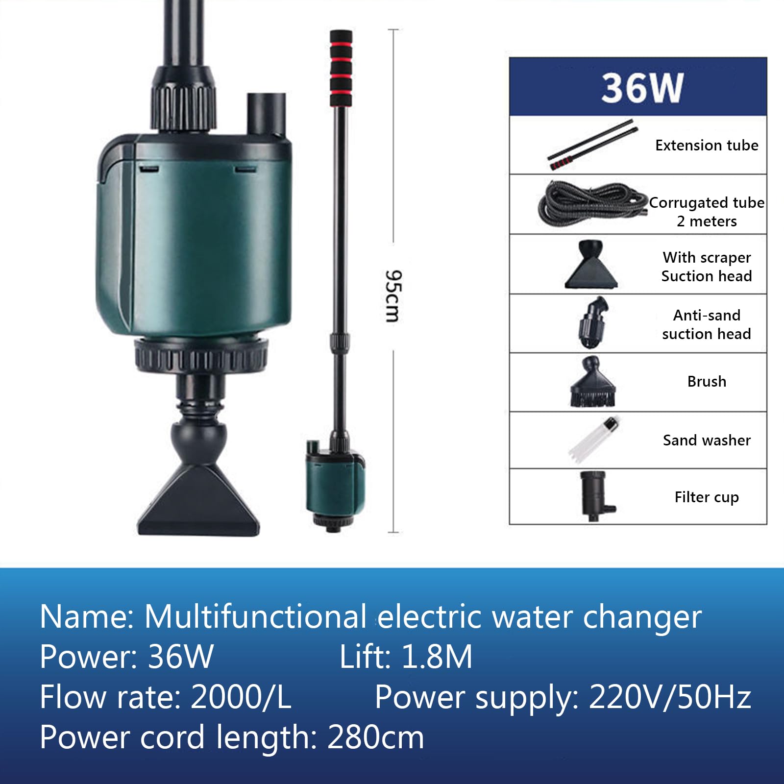 Aspiradora Eléctrica para Acuario, 36W, Sifón 6 En 1 Kit De Limpiador De Grava para Acuario, Juego De Limpieza para Cambio De Agua, Lavado De Arena, Grava Y Suelo