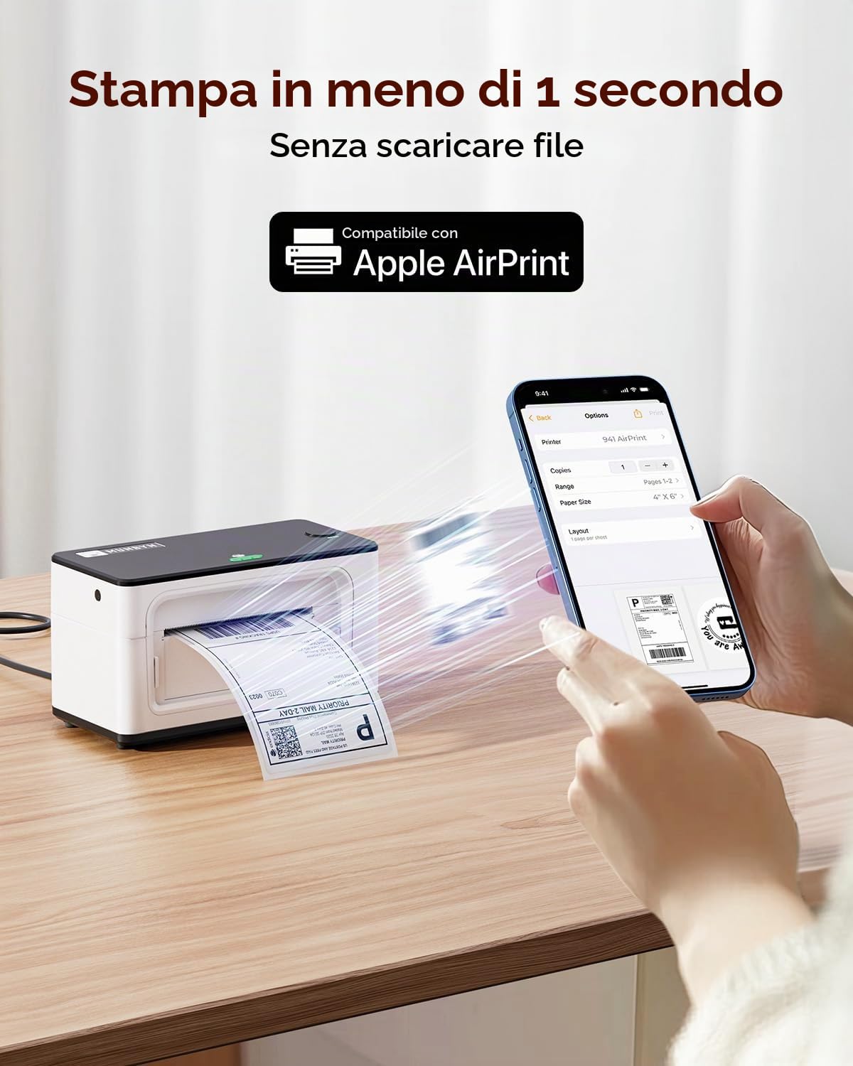 MUNBYN AirPrint Stampante per etichette Wi-Fi Stampante per etichette di spedizione WLAN 4x6 Etichette Stampante termica per Amazon/Shopify/DHL/DPD/Hermes/UPS/FedEx/GLS, 941AP Bianco