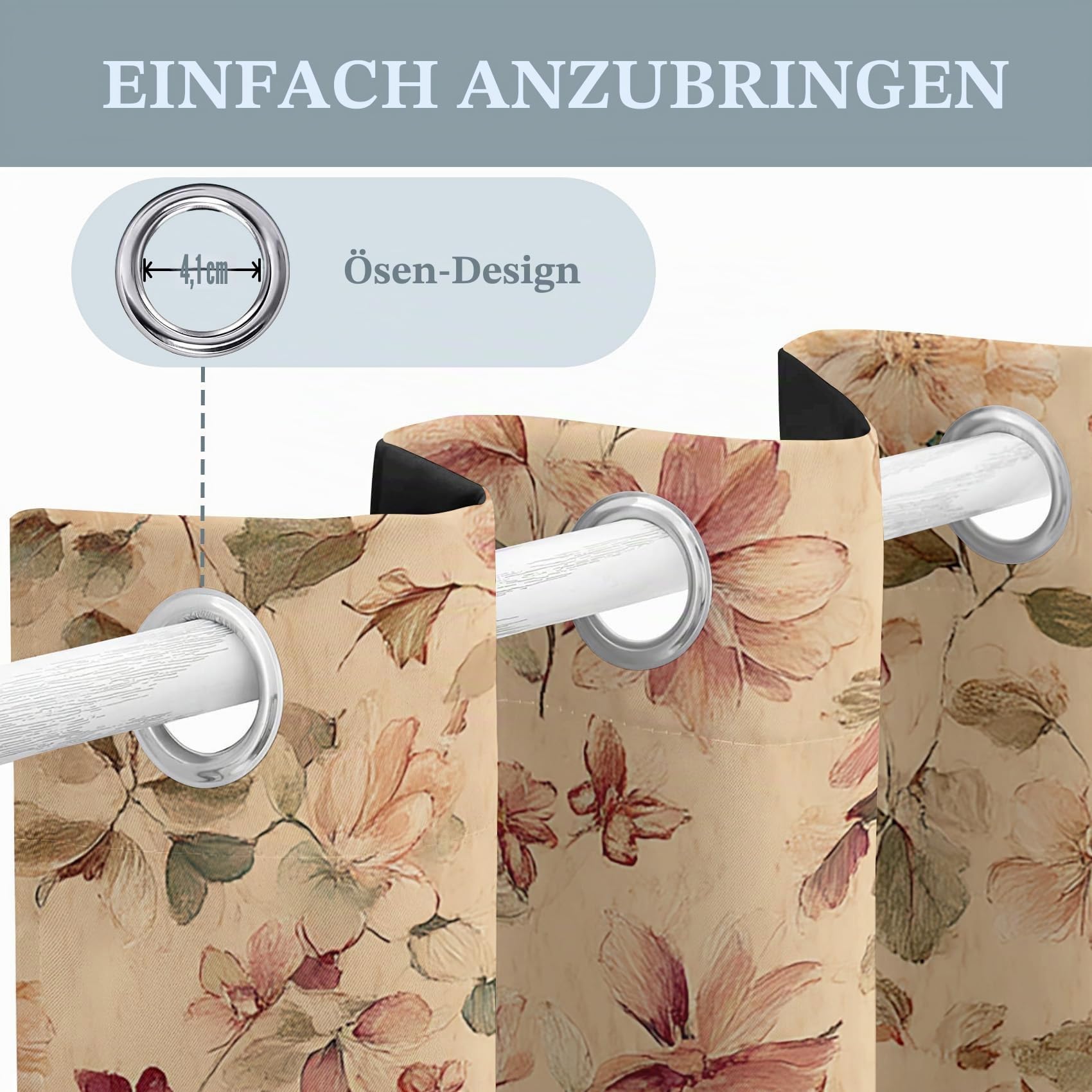 95% Blickdichte Vorhänge Vintage Blumen, Thermo Verdunklungsvorhänge mit Ösen, Bauernhaus Landhausstil Blumenmuster Fenster Gardinen Wohnzimmer Schlafzimmer Deko, 2er Set H 137 x B 117 - D230