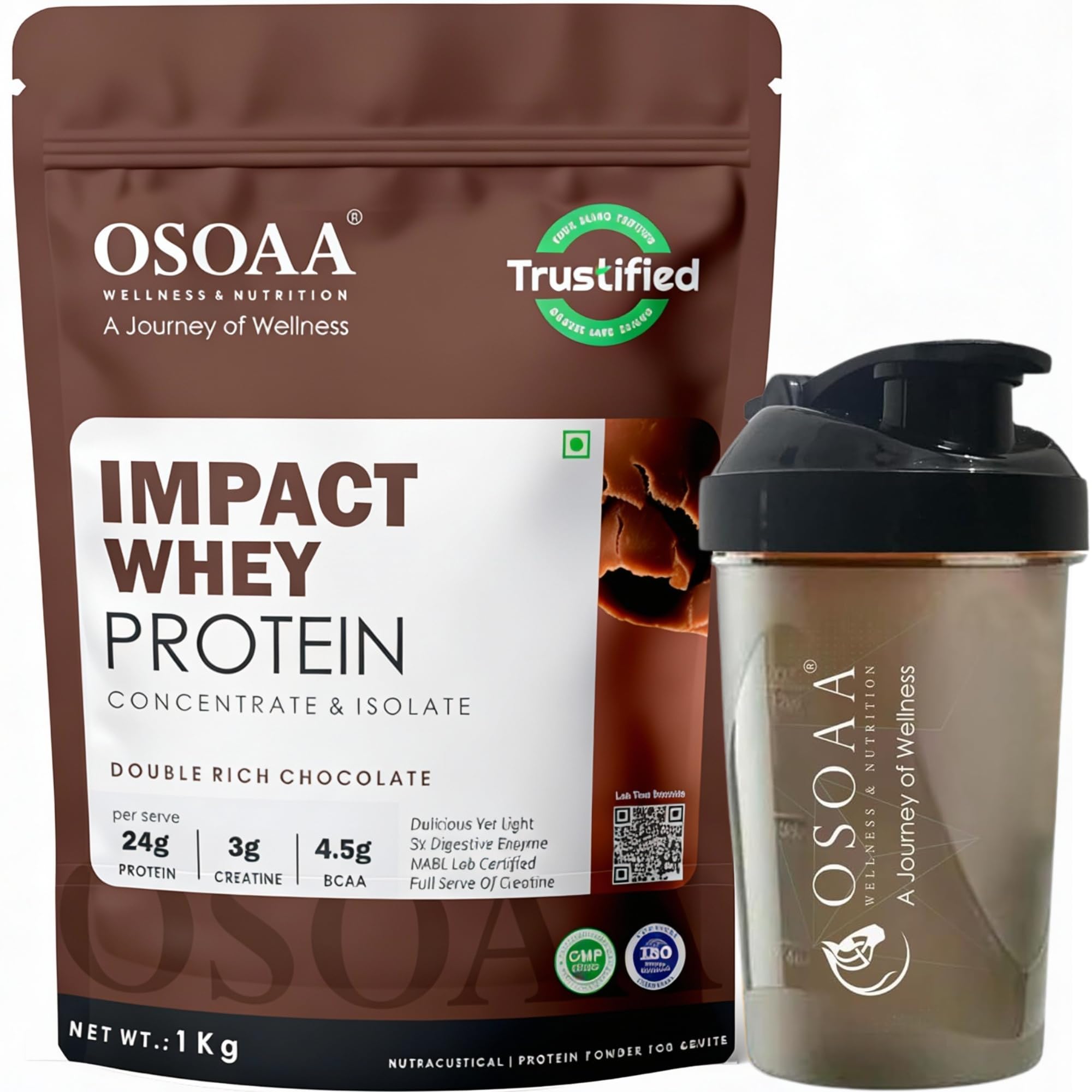 OSOAA Impact Whey Protein 1kg -Double Rich Chocolate | Isolate & Concentrate | 24g Protein & 3g Creatine with 5X Digestive Enzymes | Trustified Certified & NABL Lab Tested — Amazon image 10
