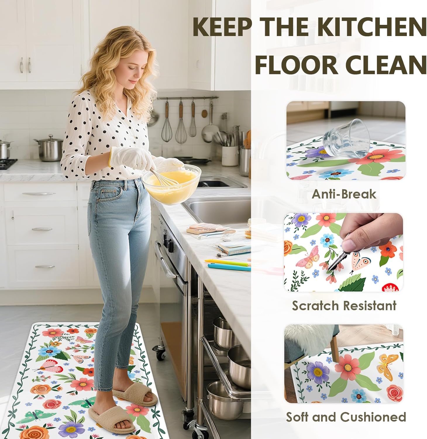Flower Rugs for Kitchen Floor, Anti Fatigue Mats for Kitchen Floor Non Slip, 2PCS Rubber Kitchen Mat, Washable Cushioned Farmhouse BohoFloral Runner Carpet Rug for Sink Laundry 15.7"×27.5" +15.7"×47"