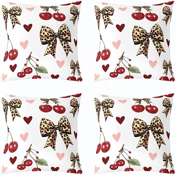 Leopard Bowknot Kids Throw Pillow Cover,Cherry Love Heart Bow Tie Double Sides Pillow Case,Wildlife Cheetah Skin Home Decor,Noble Brown Bed Couch Sofa Cushion Cover,4 Pack 18"x18"