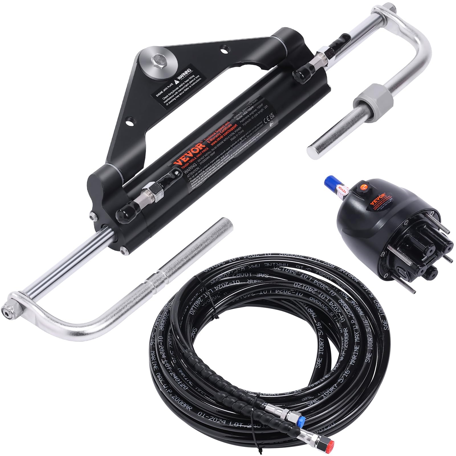 VEVOR Kit timoneria idraulica fuoribordo Sistema di timoneria idraulica marina da 150 HP, Cilindro di bloccaggio bidirezionale Tubo da 26 piedi, per barche a stazione singola con motore singolo
