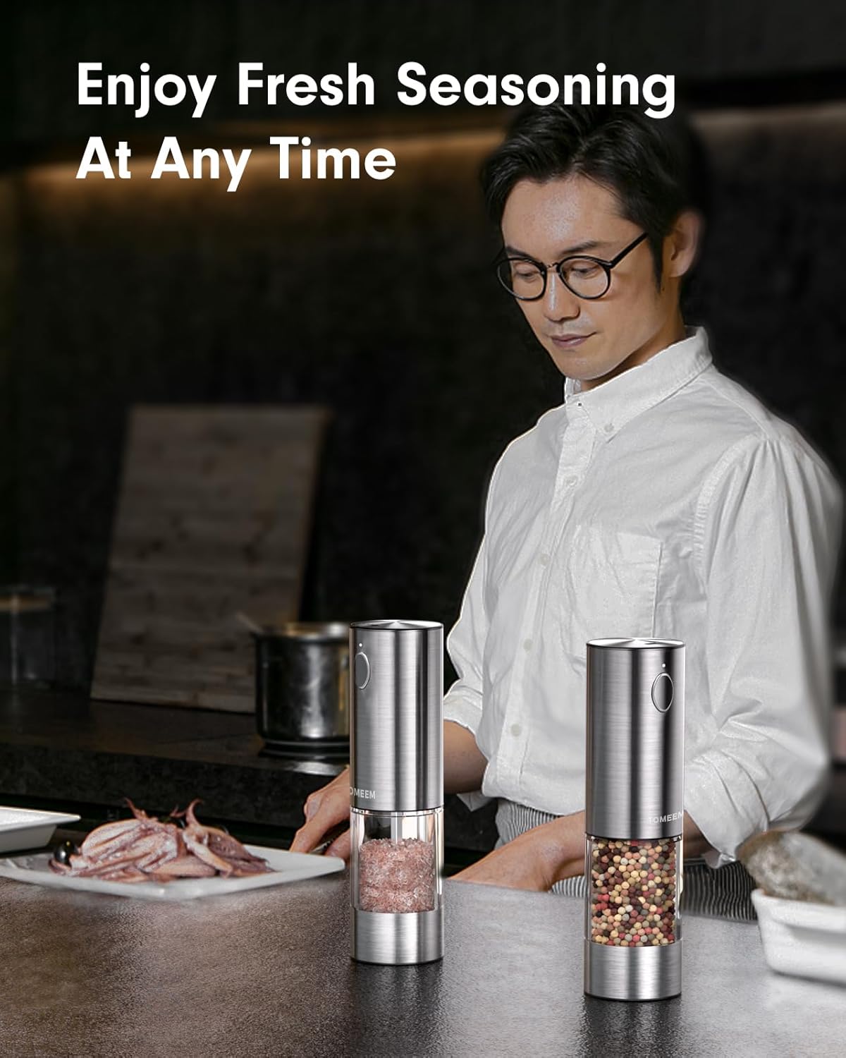 TOMEEM Upgraded Larger Capacity Electric Salt and Pepper Grinder Set Rechargeable with LED lights, Stainless Steel Automatic Pepper and Salt Grinder Refillable with 5 Adjustable Coarseness