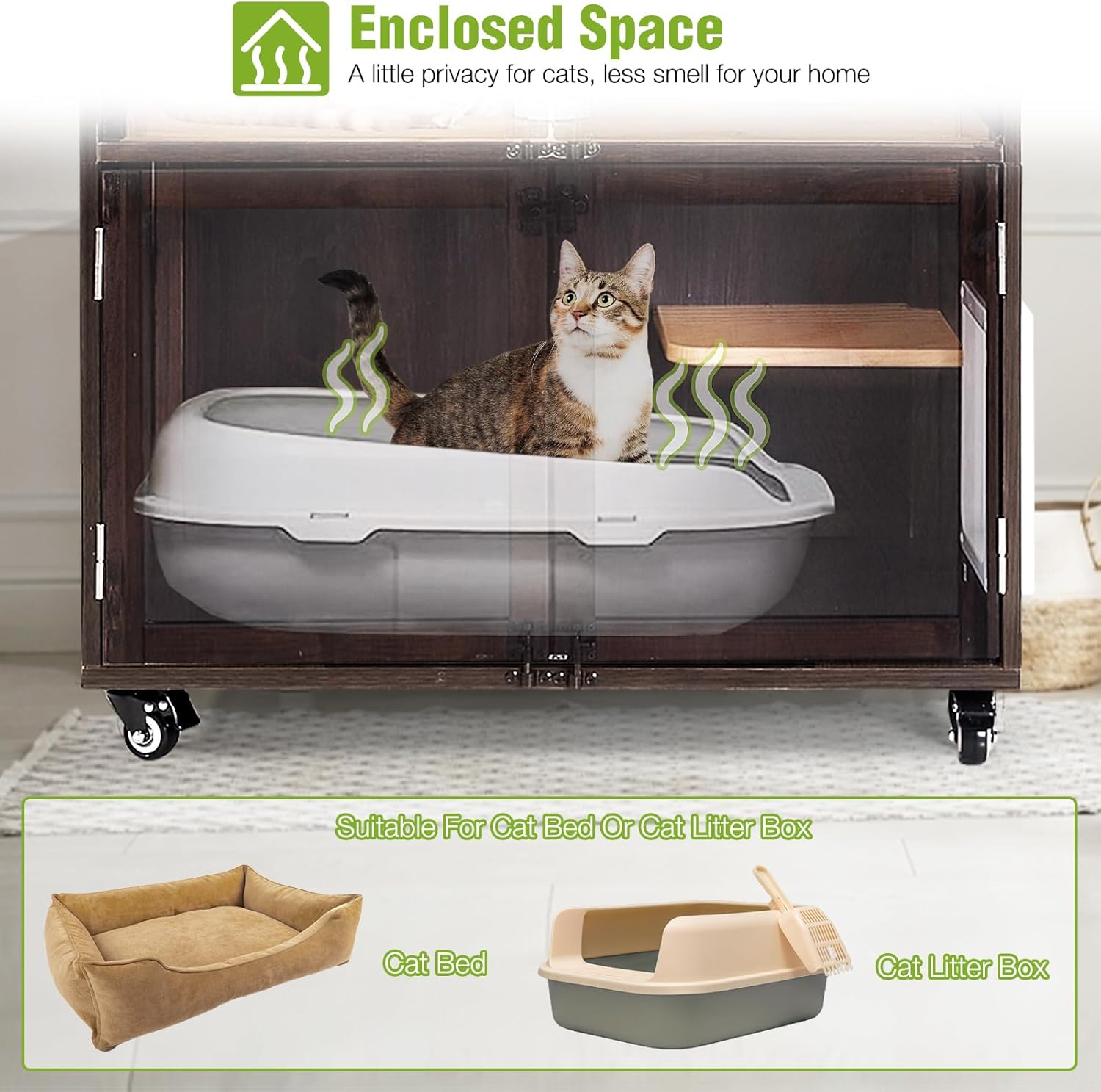 review GUTINNEEN Cat House Indoor with Escape Door & Scratching Post Wooden Catio with Wheels Cat Condo with Cat Tree Cat Cages Cat Litter Box Enclosure Cat Furniture