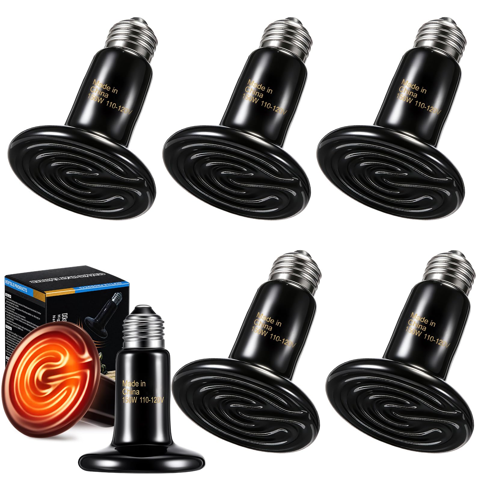 6 Pack 150W Ceramic Heat Emitter for Reptiles, No Light