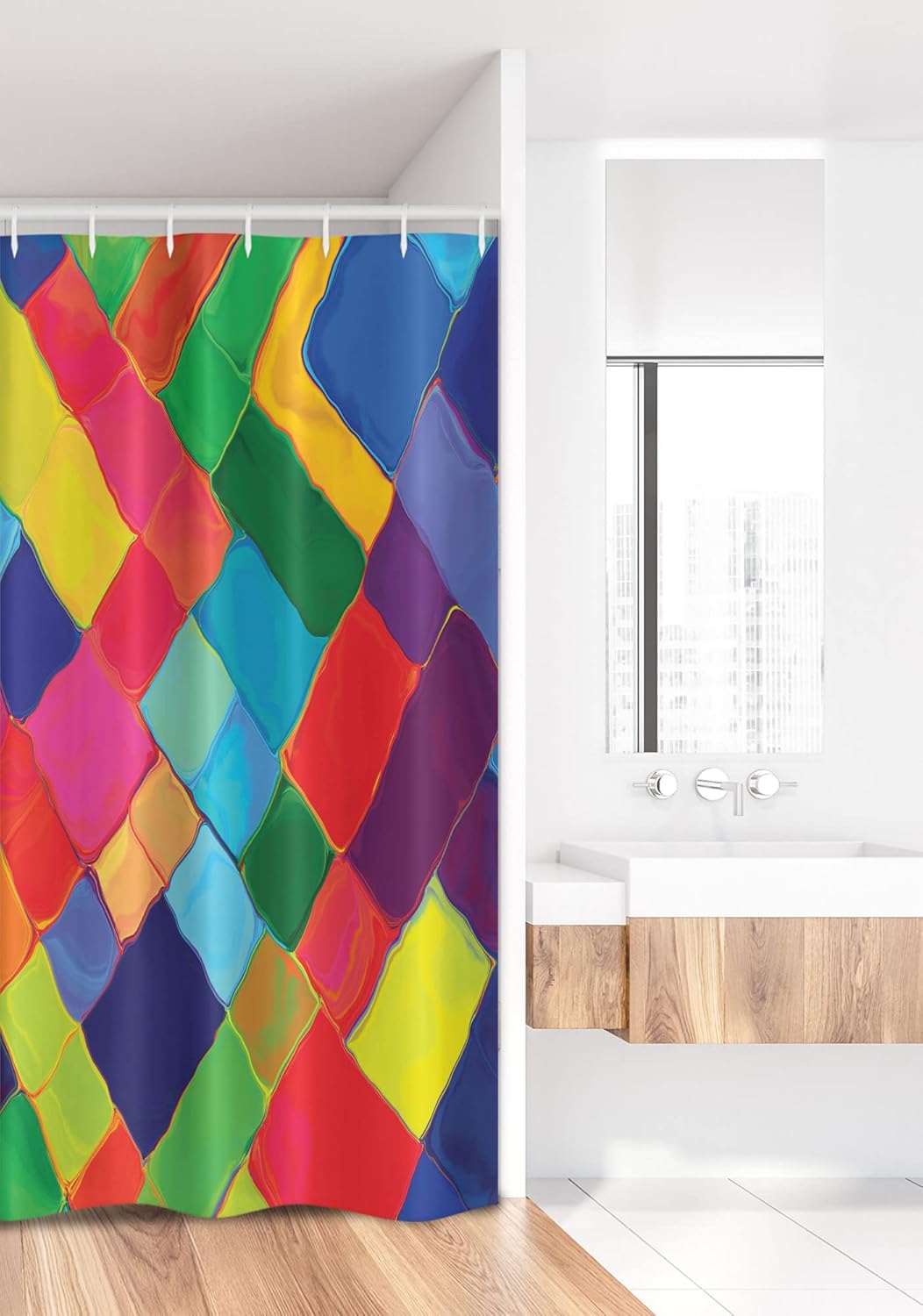 Ambesonne Geometric Stall Shower Curtain, Abstract Colorful Tile Splash Futuristic Brush Painting Effect Art, Fabric Bathroom Decor Set with Hooks, 36" W x 72" L, Multicolor