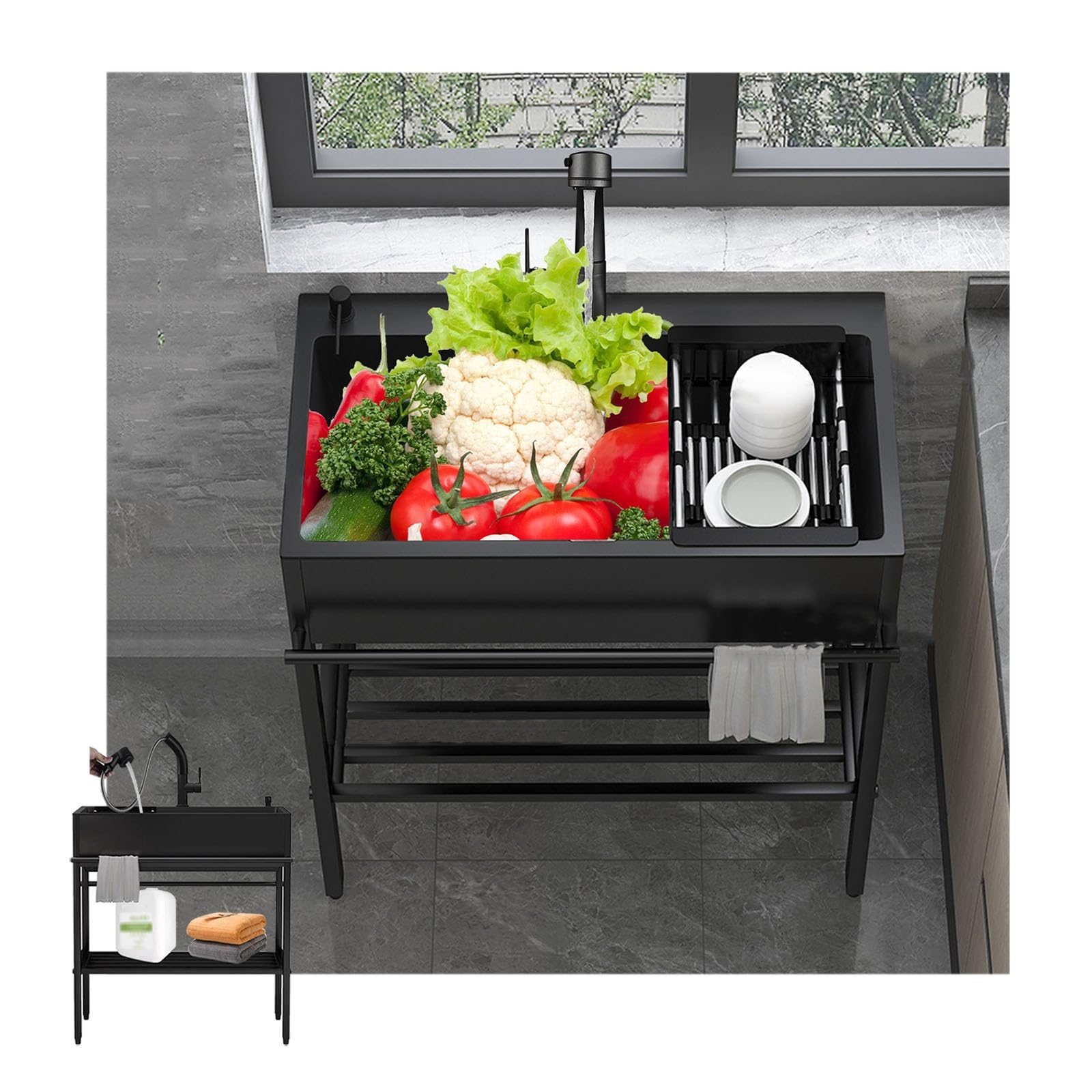 Spüle Küchenspüle Schwarz Edelstahlspüle Spülbecken Haushaltsspüle Set Mit Wasserhahn Und Seifenspender Freistehende Restaurantspüle Für Außen Innen Küche Garten Camping, Antirost