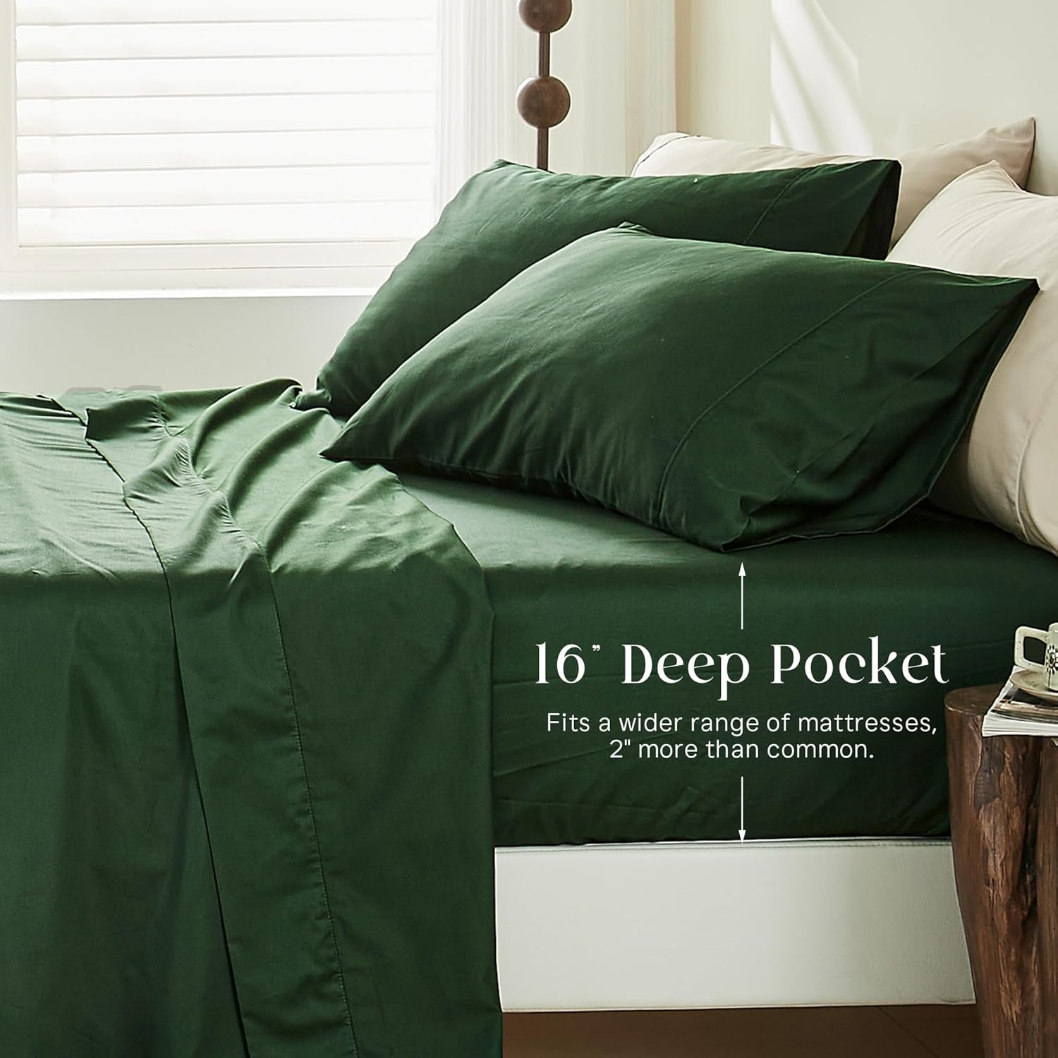 Simple&Opulence 100% Supima Cotton 600 Thread Count Queen Sheets -4 Pc Long Staple Pure Soft Sateen Weave Set-16” Deep Pocket Cooling Luxurious Silky Bed Sheet with Trim Insert(Dark Green, Queen)