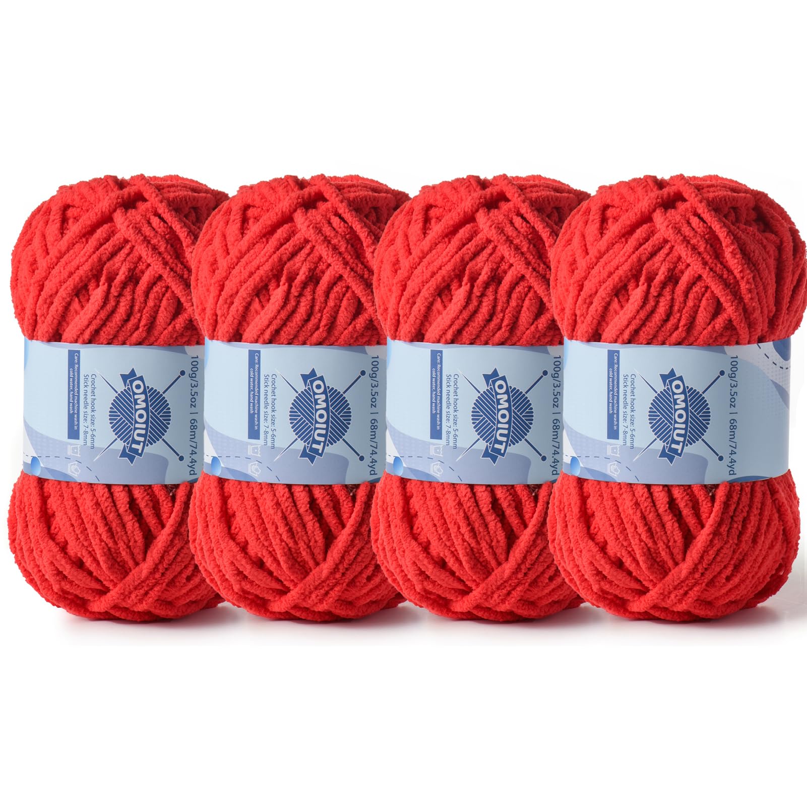 4 Pack Chunky Chenille Yarn for Crocheting, Baby Yarn for Crocheting Soft Blankets, Bulky Yarns for Crochet Amigurumi, 400g (297yds) Fluffy Velvet Yarns for Hand Knitting (4 Bright Red)