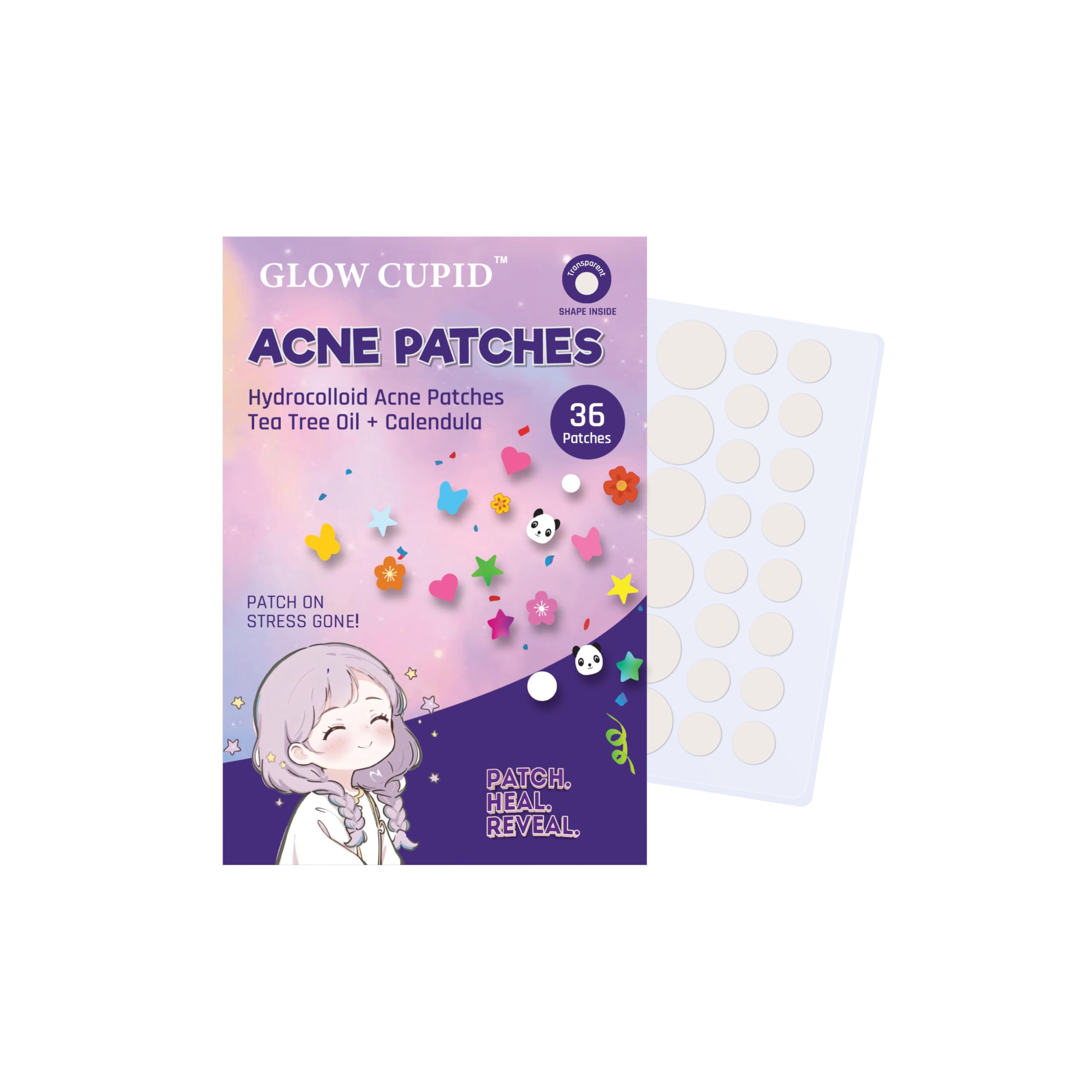 glow cupid hydrocolloid acne pimple patch with tea tree oil & calendula, 36 pimple patches set for fast healing, absorbs pus & oil, invisible, waterproof & skin-friendly blemish spot treatment.