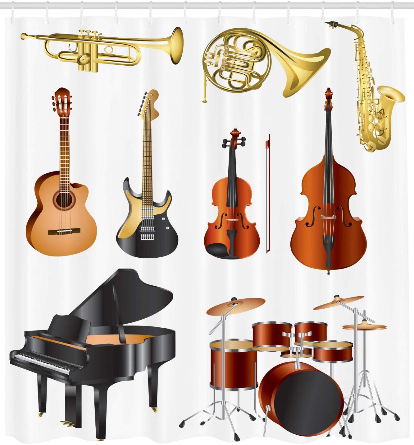 Ambesonne Music Shower Curtain, A Musical Instruments of Symphony Orchestra Concert and Composition Theme Colorful Pattern of Artwork, Fabric Bathroom Decor Set with Hooks, 69" W x 70" L, Black Brown