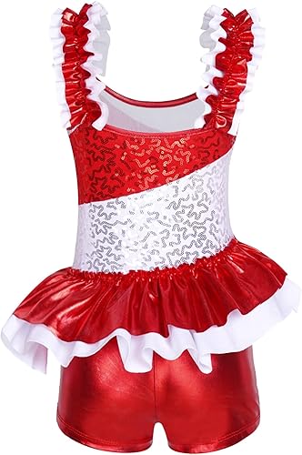 Miniatura 2 de Nikiikoo Disfraz de baile de Navidad para niños y niñas con lentejuelas a rayas leotardo de actuación ropa de baile para festivales
