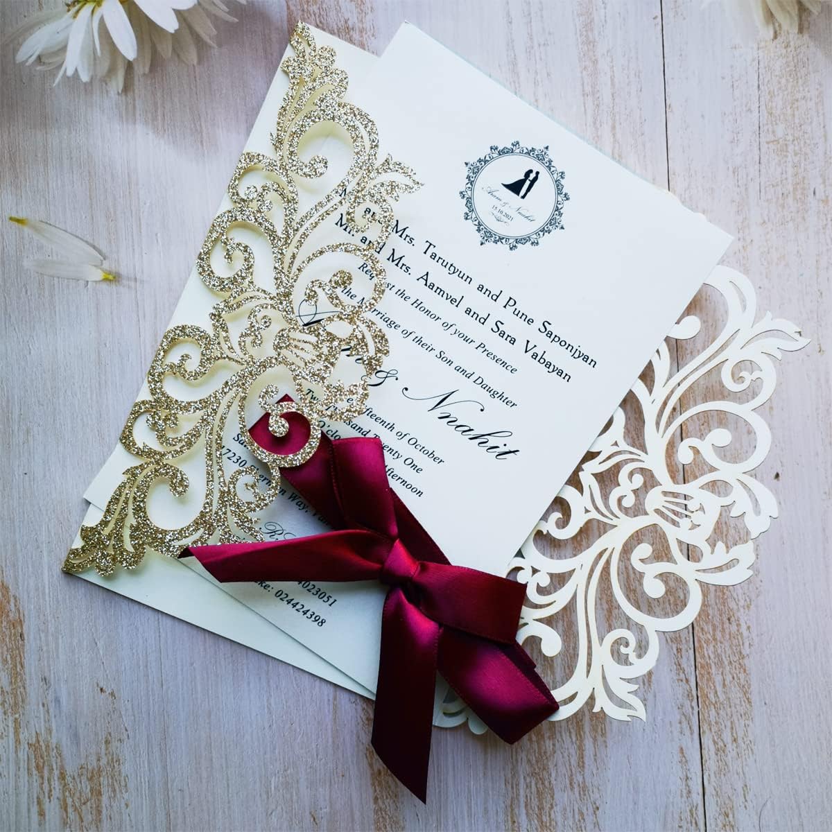50PCS 5 x 7.3 Champagne Wedding Invitations Cards Laser Cut Hollow Rose Flowers Pocket with Bowknot for Quinceanera Birthday Invites