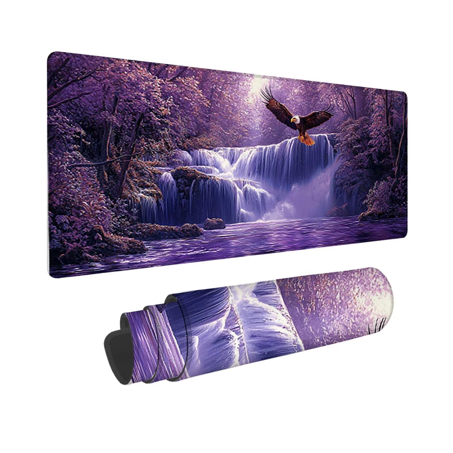 Podkładka pod mysz 160 x 80 cm, gamingowa podkładka pod mysz z przyszytymi krawędziami, wodospad, orzeł, mysz, wydłużona, duża, XXL, podkładka pod mysz gamingową z antypoślizgową gumową podstawą