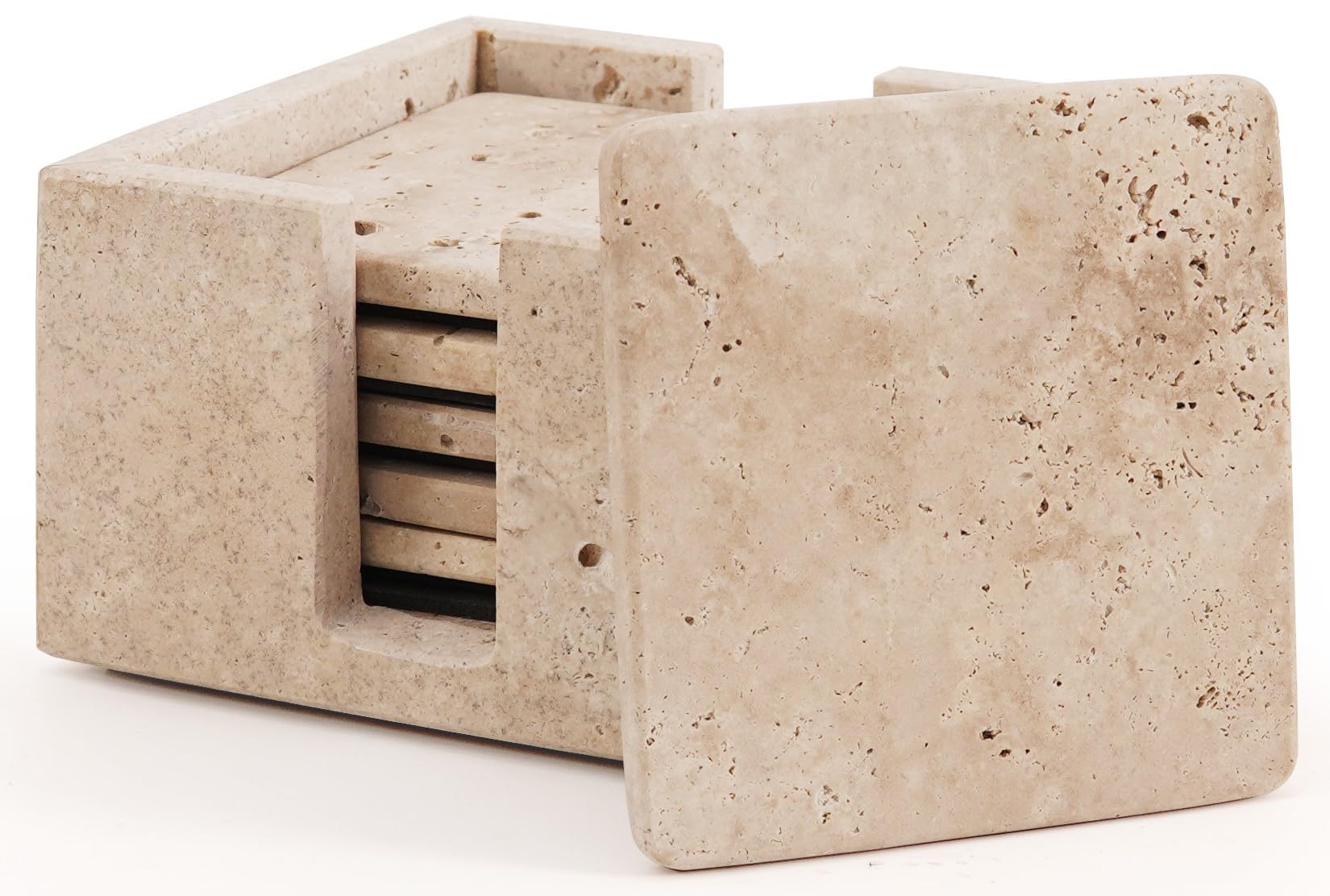 Marble Coasters Set of 6 Handmade 3.5 Inch Square Travertine Coaster for Drinks with Holder - Ideal Stone Drink Coasters for Coffee Bar Accessories, Dining Table & Home Décor