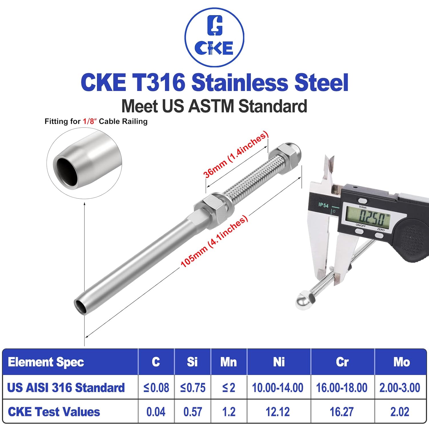 CKE 100 Pack Cable Railing Kit - Hand Swage Threaded Stud Tensioner for 1/8" Cable - 2x2 Wood/Metal Post Deck Stair Hardware Terminal, T316 Stainless Steel