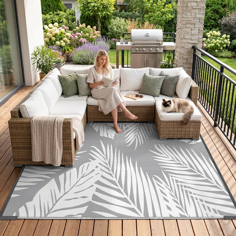 AUAUY Outdoor Rug, Waterproof Reversible Garden Rug, Leaf Pattern, UV-Resistant Plastic Straw Rugs, Lightweight Foldable Carpet for Backyard, Picnic, Beach, Camping, Balcony (Grey, 120x180cm)