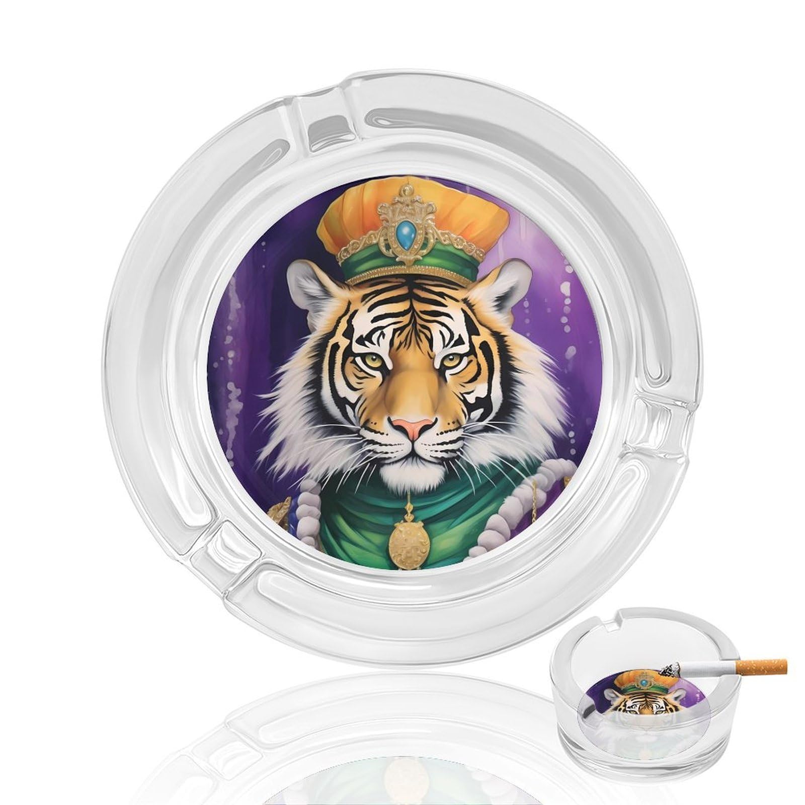 TIGER THE-KINGS-OF-MARDI And GRAS Ashtray Portable Round Glass Outdoor Ash Tray for Home Office Garden Pub