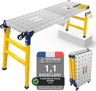 VKE 120 × 36 × 90 cm Galvanised Sheet Metal Work Platform, 500 kg Load Capacity, Portable Scaffolding Folding Welding Table with 4 Universal Wheels, Adjustable Height