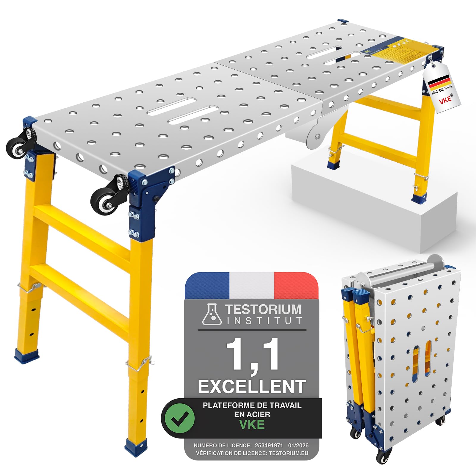 VKE Plateforme de Travail 120 × 36 × 90 CM en Tôle Galvanisée, 500 KG Capacité de Charge, Échafaudage Portable, Table de Soudure Pliant avec 4 roulettes Universelles, Réglable en Hauteur