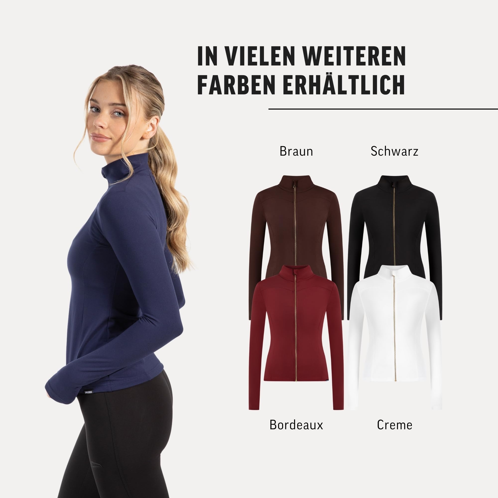 SMILODOX Sportjacke Damen Kenna, Laufjacke mit Stehkragen, Sport Oberteil mit tailliertem Schnitt & Daumenlöchern, Körperbetonte Sportjacke, Fitness Oberteil ideal für Freizeit, Sport, Laufen & Yoga