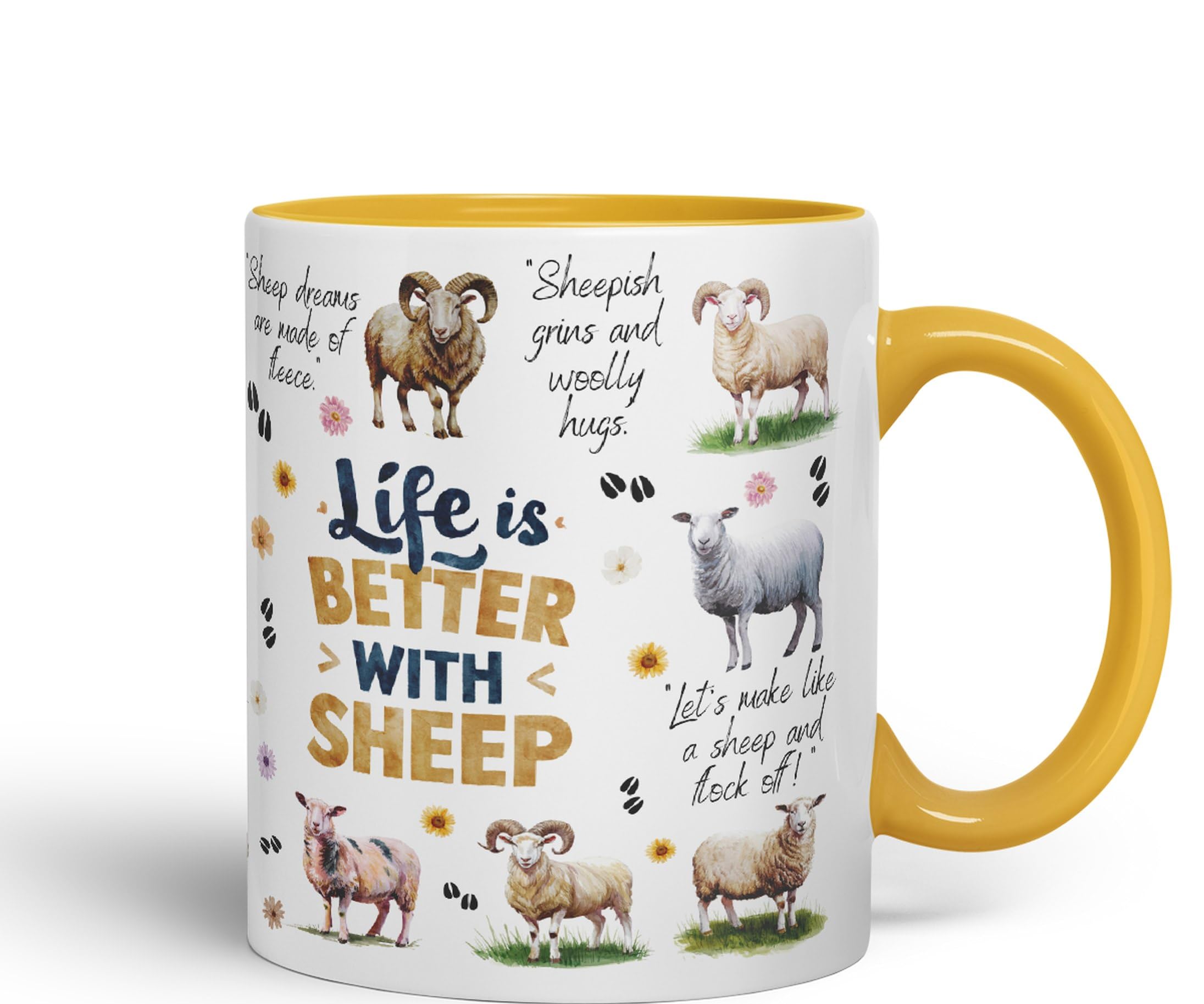 Vixar Life Better with Sheep Joke sarkasm Sarcastic Ceramic Coloured Mug Cup for Tea Coffee Hot Brew 330ml 11Oz Gift (G Yellow)