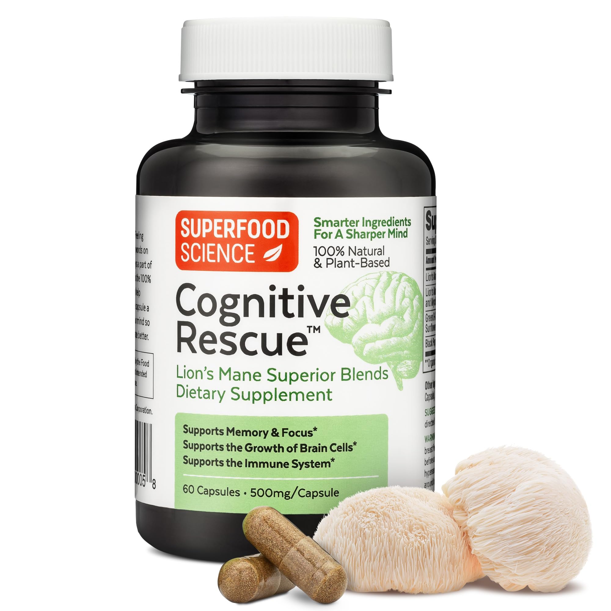 Cognitive Rescue, Lion's Mane Mushroom Capsules w/ Lion's Mane Dual Extract, Nootropics, Brain Supplement for Memory and Focus, Mushroom Immune Support w/ B Vitamins Complex, BioPerine, 60 capsules