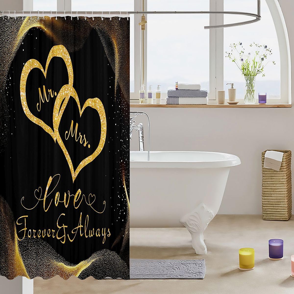 Couples Bath Curtain, Mr And Mrs Shower Curtain Gold Glitter Sequins Shower Stall Curtain Love Heart Bathroom Shower Curtains For Valentine'S Day Gifts, Birthday Gift, Black Gold 72" W X 78" L