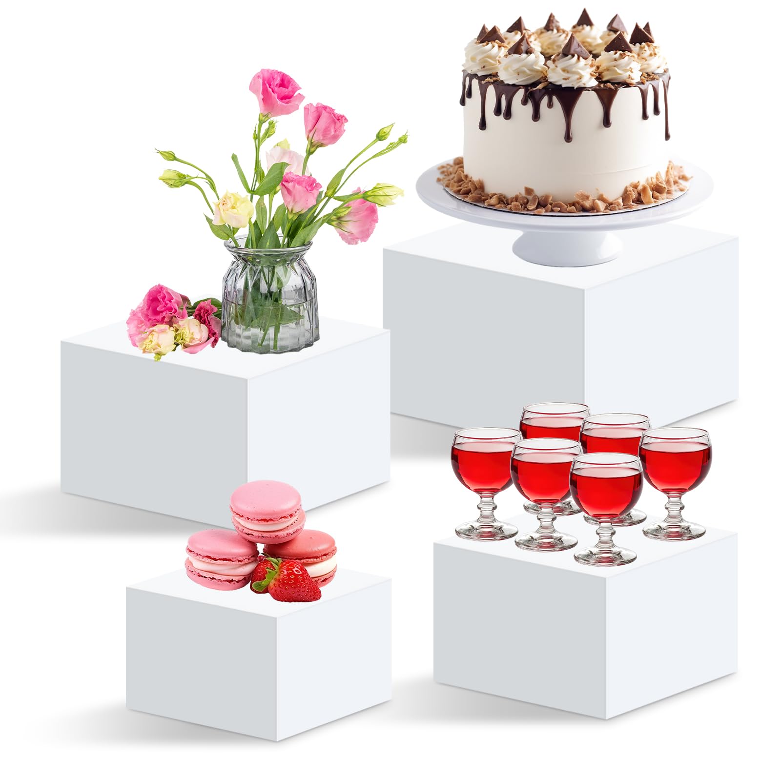 6 scatole acriliche bianche, supporto per buffet in acrilico, supporto per dessert con base cava, display per alimenti Risers, cubetti in acrilico, per dolci, gioielli, espositore a cubo con fondo