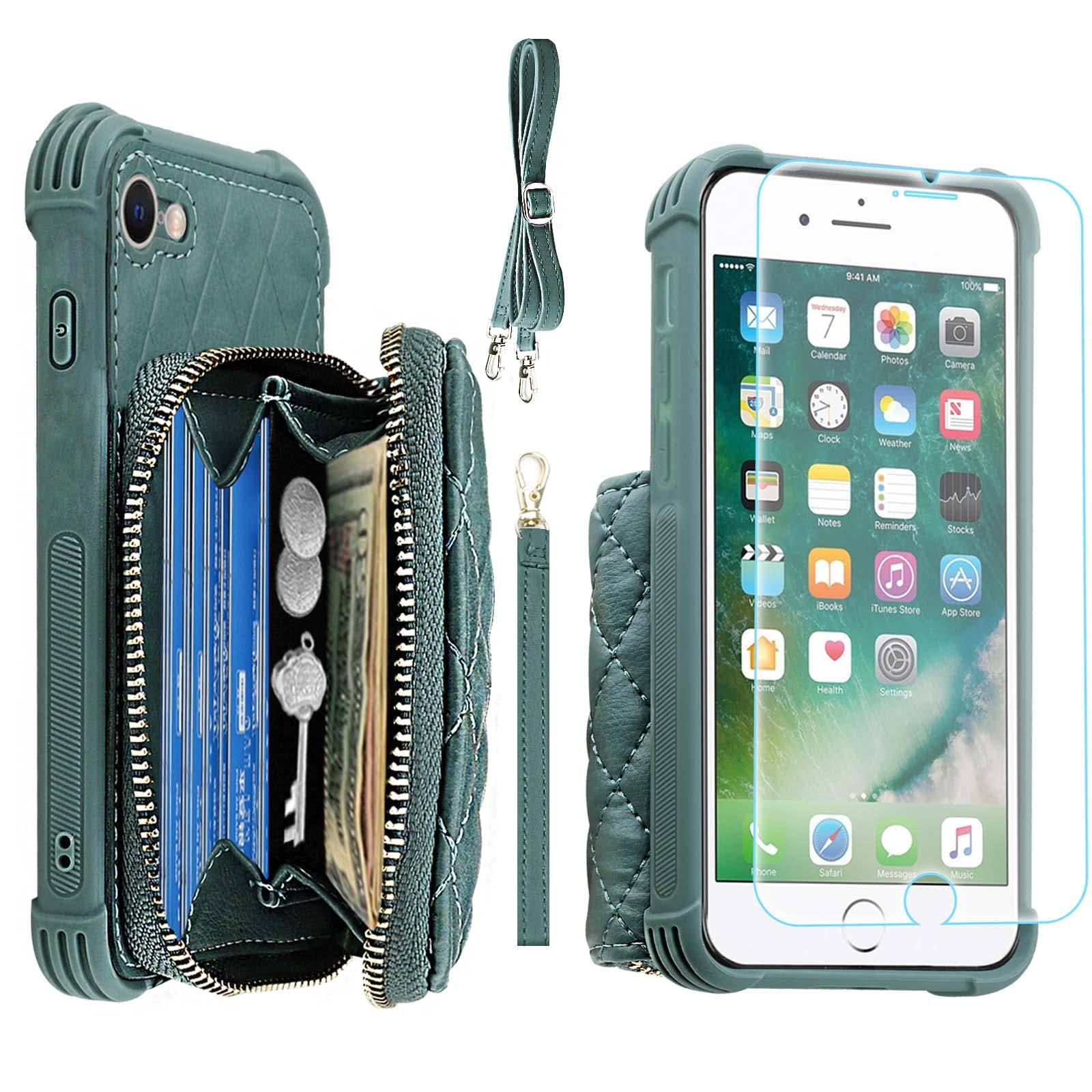 MONASAY Zipper Wallet Case for iPhone SE 2022/2020/8/7,[Glass Screen Protector ][RFID Blocking]Flip Leather Handbag Phone Cover with Card Holder & Crossbody Lanyard Strap for Apple iPhone 7/8/SE2/SE3