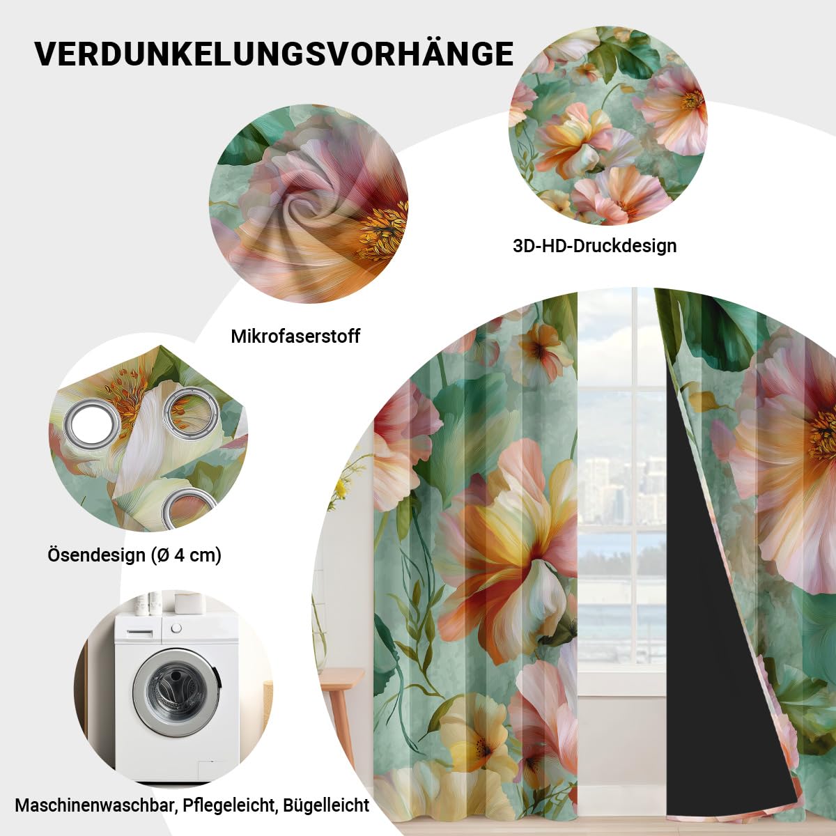 Generisch Rosa Orange Blume Vorhänge Aquarell Vorhang Blickdicht, Gardinen mit Ösen 2er Set, Thermovorhang für Wohnzimmer Schlafzimmer Fenster Deko H 245 x B 140 cm K20p