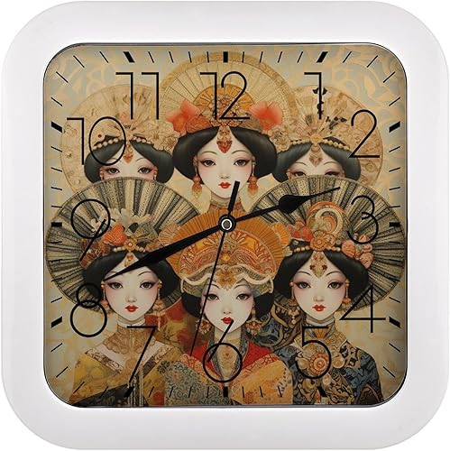 Reloj de pared cuadrado moderno de 10 pulgadas, con estampado de señora en ropa china, funciona con pilas, silencioso sin tictac, único y divertido