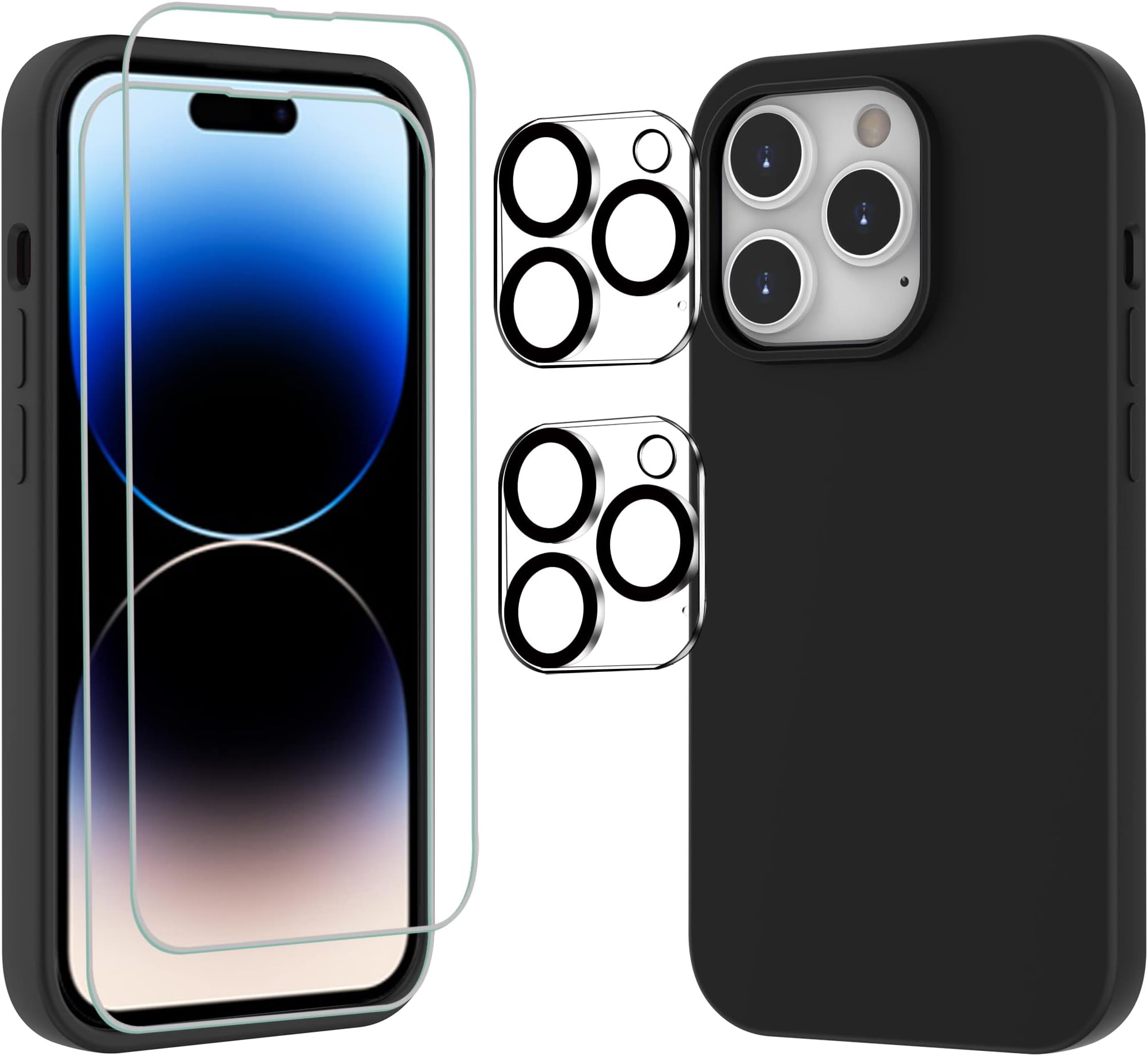 VAKS for iPhone 14 Pro Max 6.7 inch Liquid Silicone Case with 2 Tempered Glass Screen Protector + 2 Camera Lens Protector, Shockproof Anti-fingerprint Anti-scratch Slim Soft Case,Black