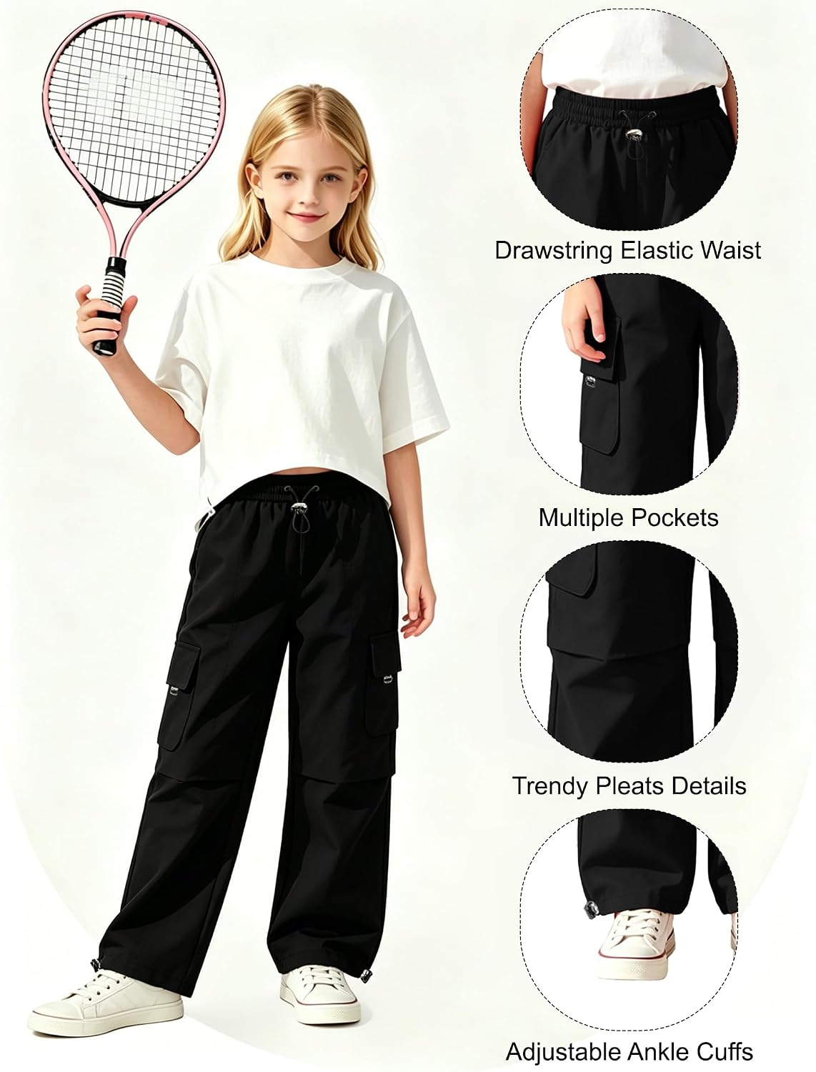 AOWKULAE Girls Cargo Pants Elastic Waist Drawstring Parachute Pants with Pockets Kids 5-14 Years