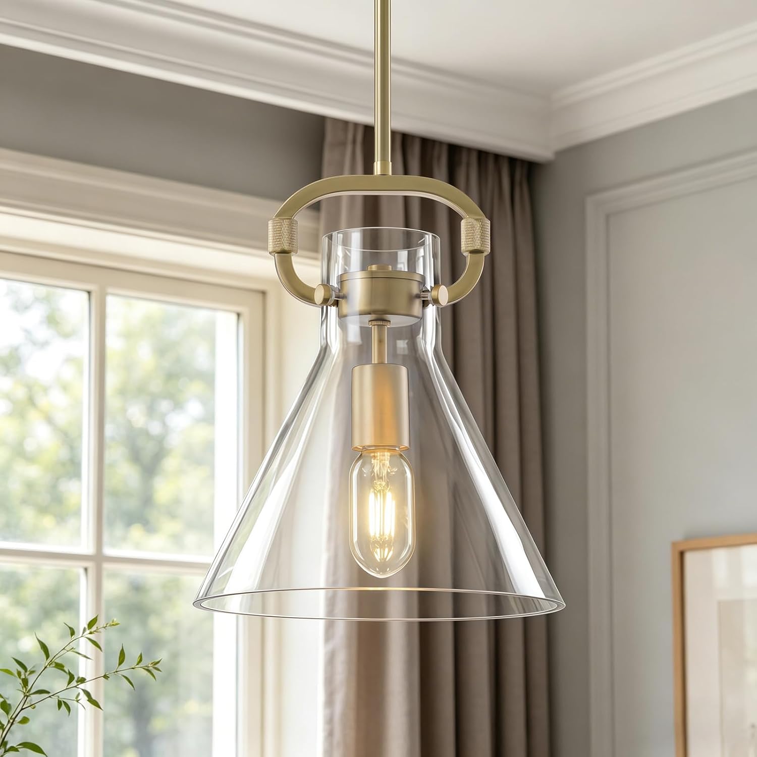 Glass Pendant Lights Kitchen Island 9.8",Matte Gold Island Pendant Lights 1 Light Modern Pendant Hanging Lamps with Funnel Glass Shade for Kitchen over Dining Table,E26 Base,Adjustable Height,Dimmable