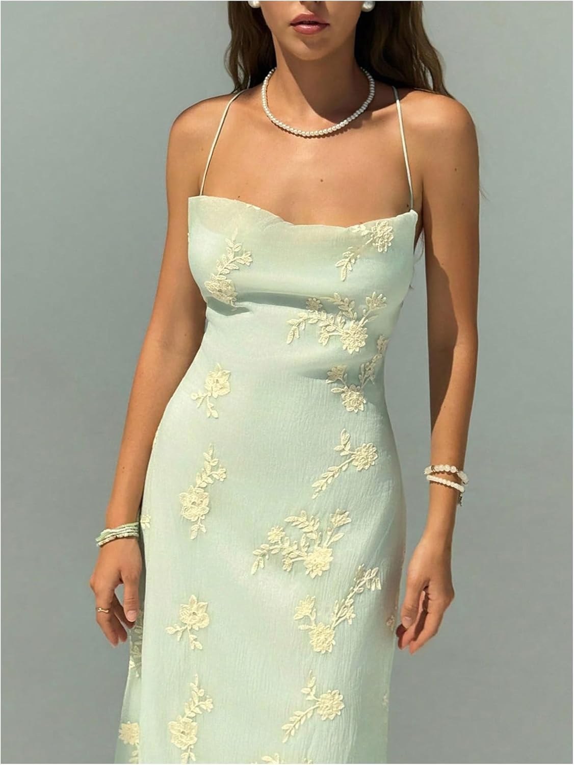 OYOANGLE Women's Spaghetti Strap Lace Up Backless Cami Dress Floral Embroidery Draped Fishtail Dresses - Image 4