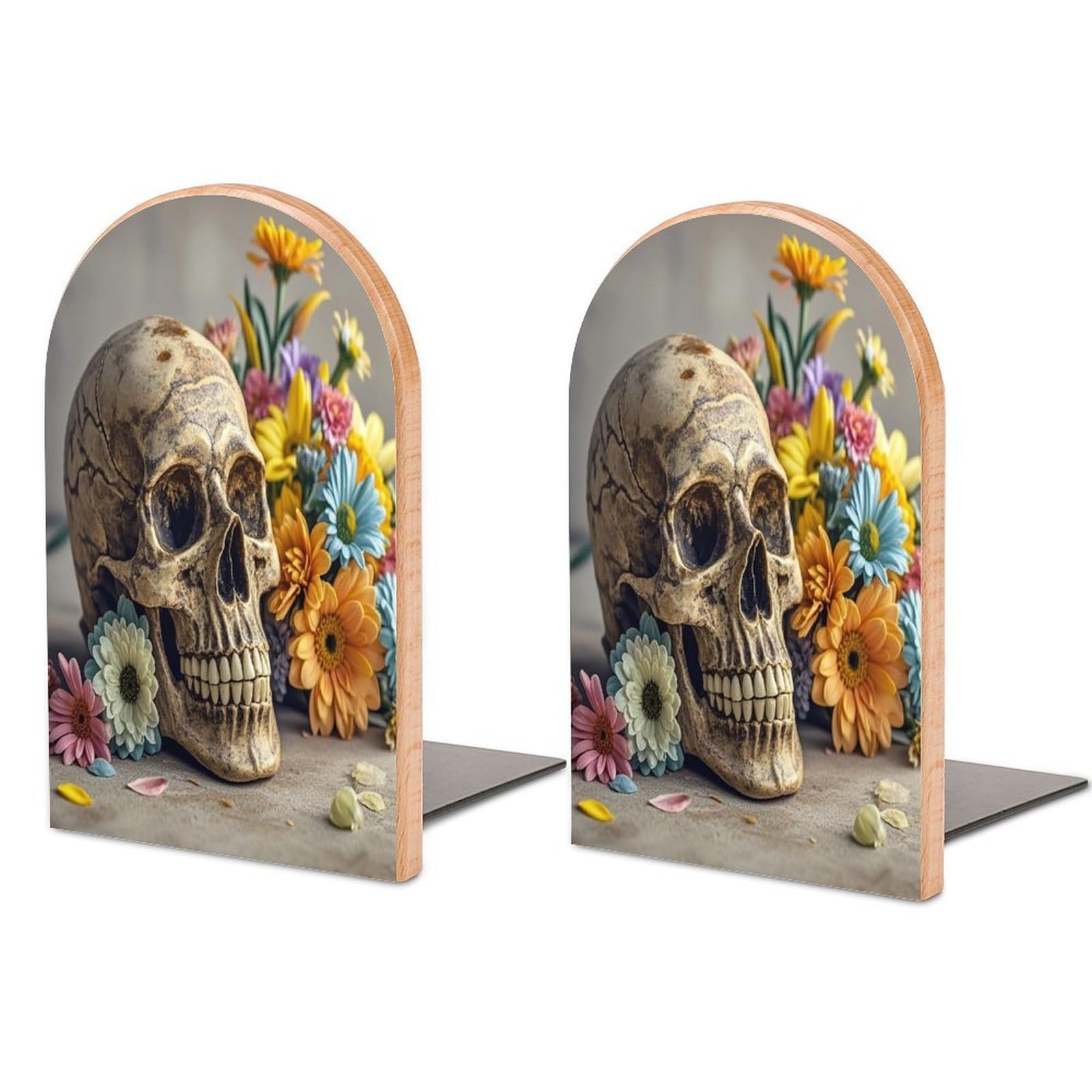 Ancient Skull and Flowers Bookend for Shelves Unique Book End Sturdy Books Holder Heavy Duty Wooden Bookends Support Non-Slip Book Organizers Decorative Modern Bookend Holder for Home