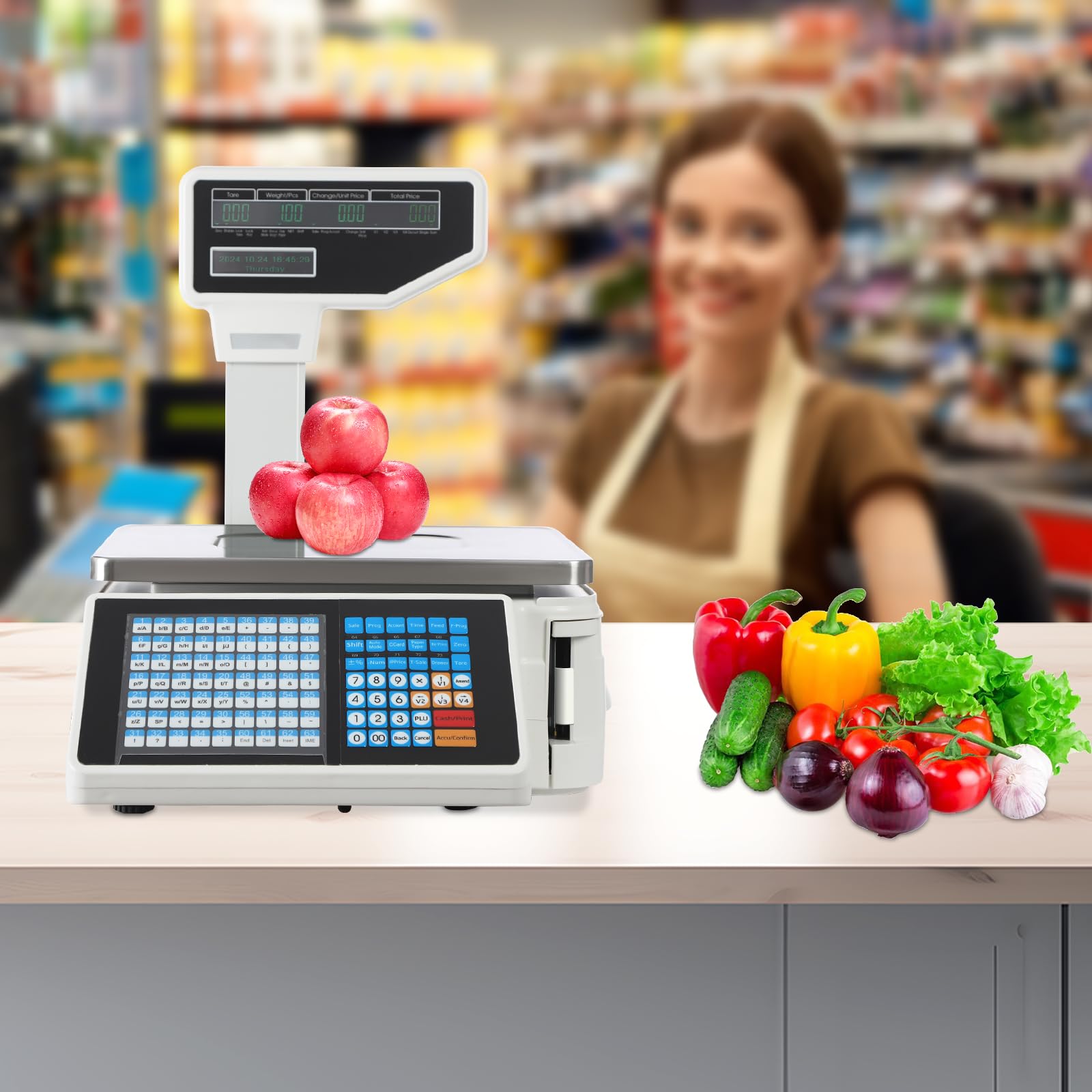 Cyfrowa waga obliczeniowa, maksymalna nośność 29,9 kg, komercyjna waga detaliczna z drukarką termiczną i dwustronnym wyświetlaczem LCD do supermarketów, sklepów z owocami i innych miejsc