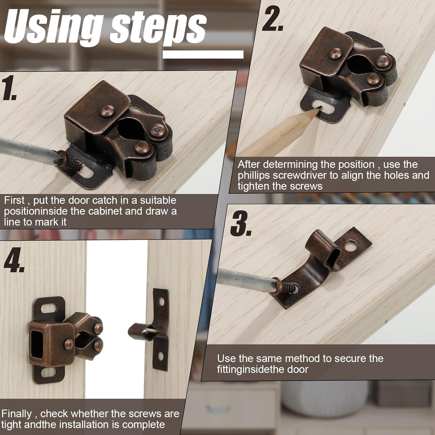 Bonuci 30 Pcs Cabinet Door Latch and Catch Hardware Double Roller Catch Cabinet Latches with Spear Strike for Closet Doors Kitchen (Brown Antique Copper)
