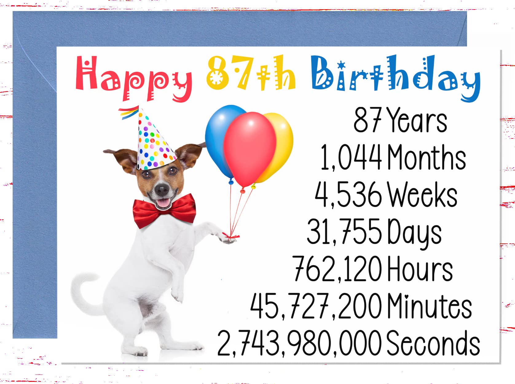 Amazon.com : 87th Birthday Card - Happy Birthday Dog With Balloons Card  Years, Months, Weeks, Days, Hours, Cute Card for 87 Year Old : Office  Products