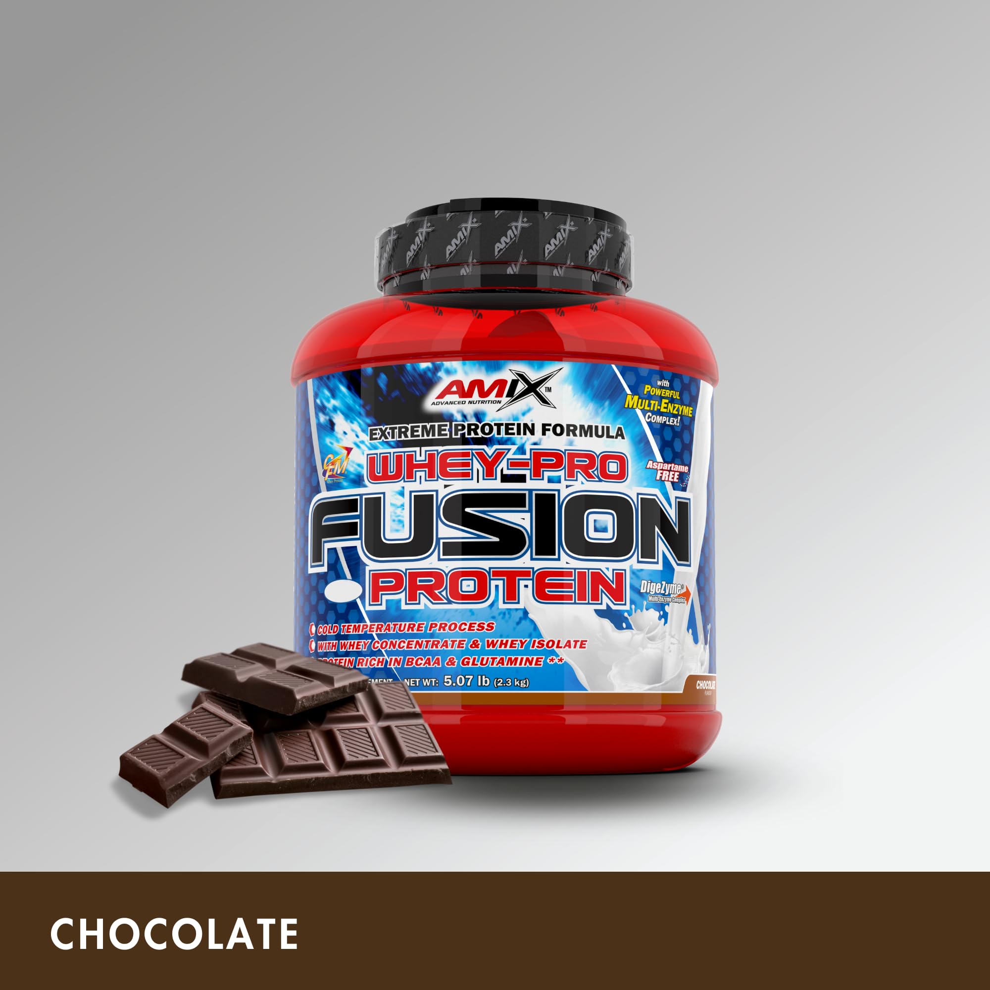 AMIX - Proteína Whey - Pure Fusion - 2,3 Kg - Concentrado de Suero Ultra Filtrado - Proteína Isolada con Splenda - Contiene L-glutamina - Proteínas para Aumentar Masa Muscular - Sabor Chocolate