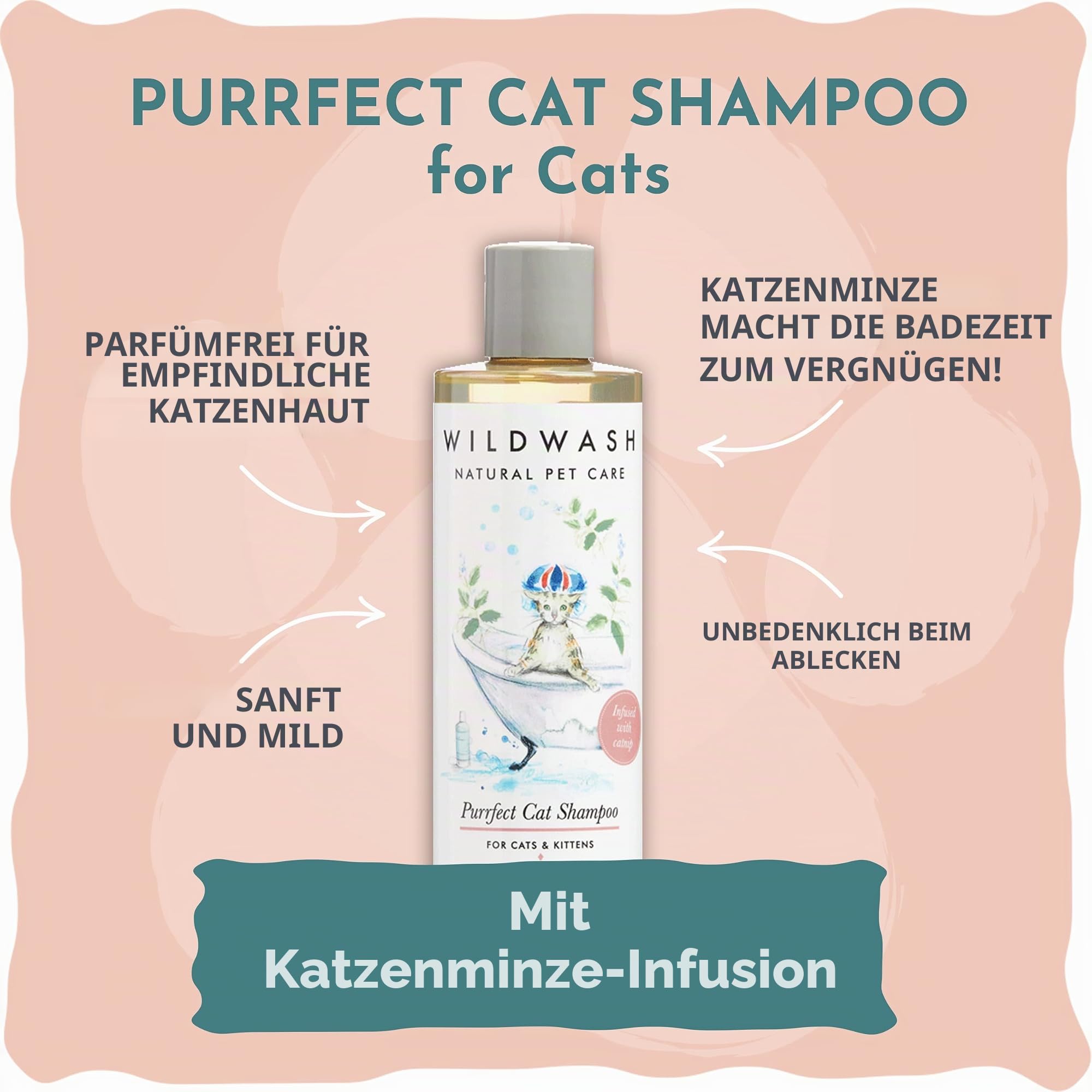WildWash Purrfect Katzen-Shampoo mit zusätzlicher Katzenminze, 250 ml, Macht das Baden Spaß, verleiht stumpfem Haar Glanz und Leuchtkraft, natürlich, sulfat- und parabenfrei für empfindliche Haut