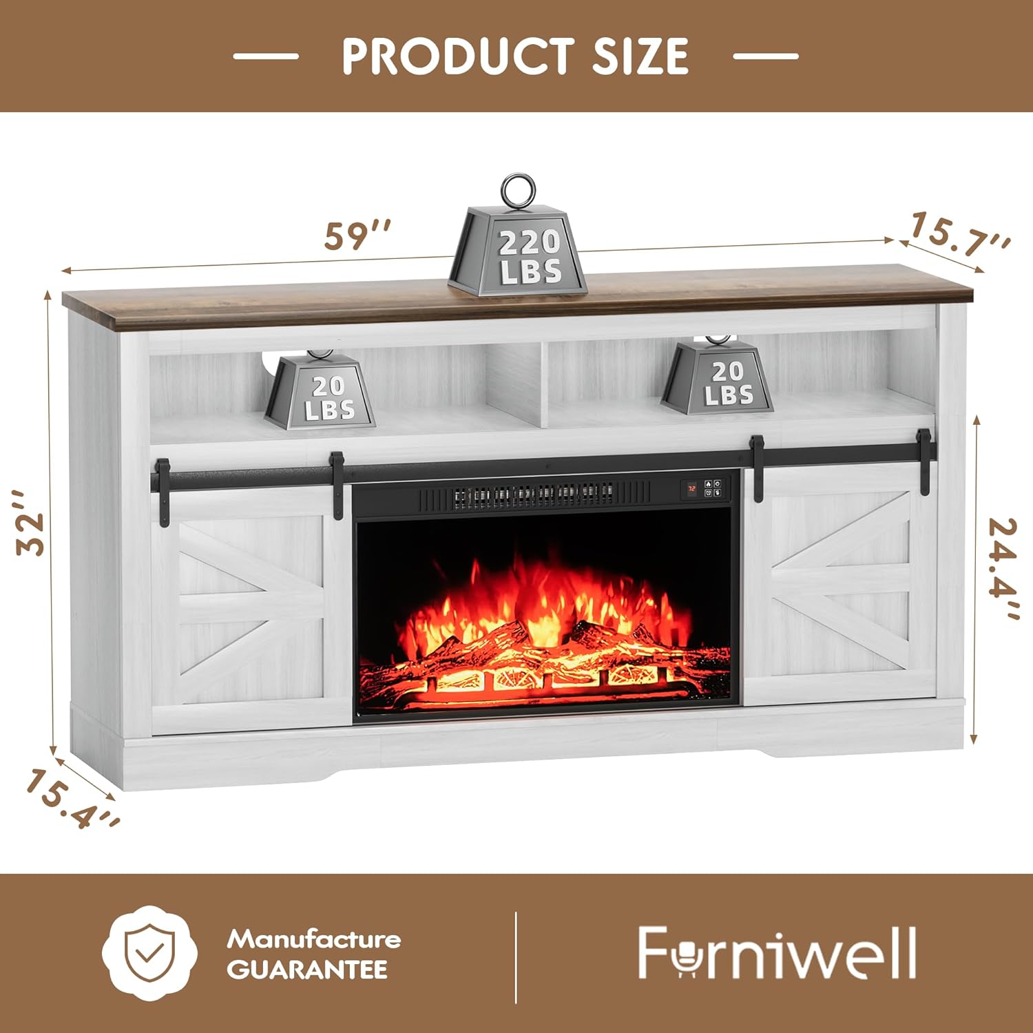 Furniwell Electric Fireplace TV Stand for TVs up to 65", Entertainment Center with 26” Fireplace Console Table with Sliding Barn Door and Adjustable Storage Shelves for Living Room (White)