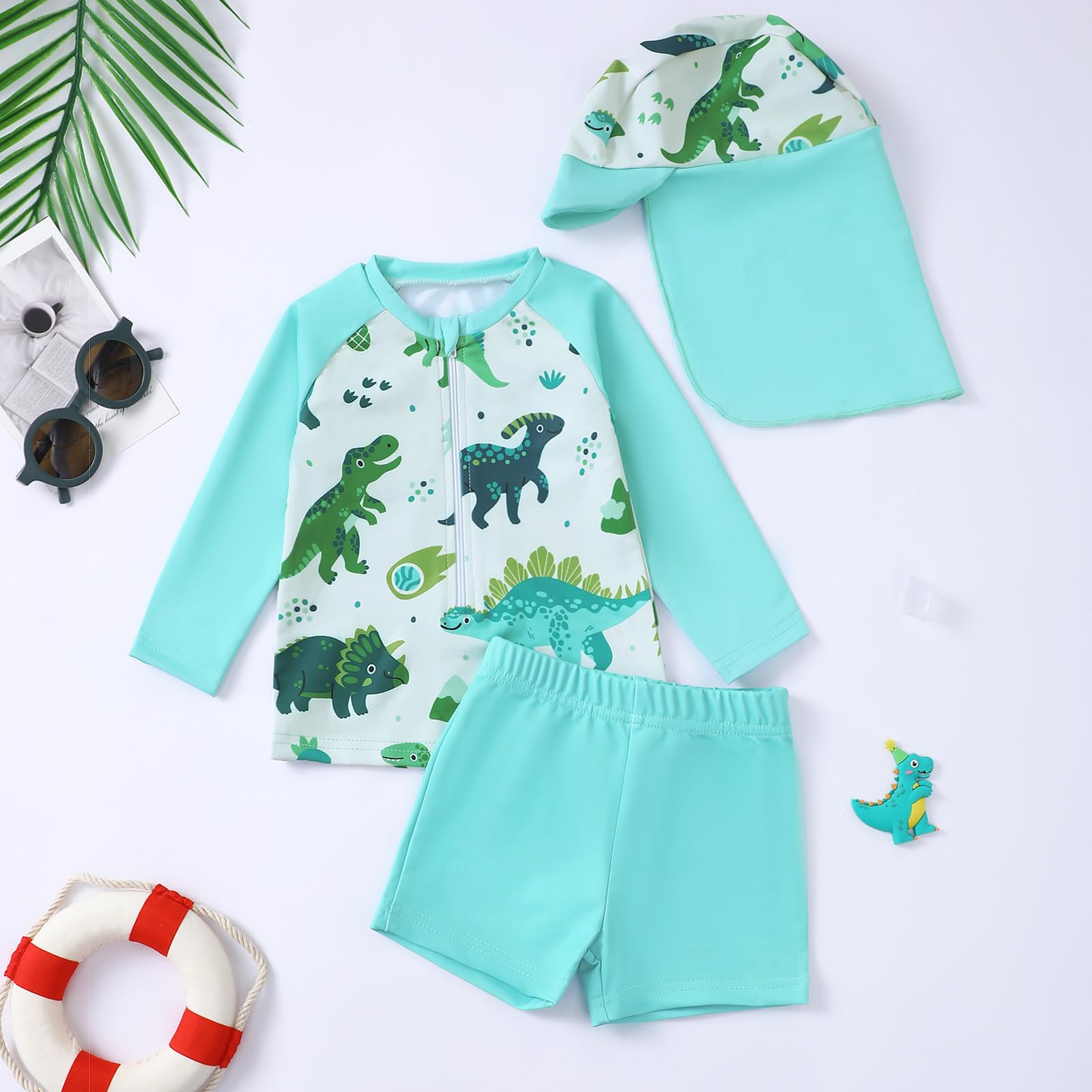 Baby N -Set für Jungen mit Dinosaurier-Print, langärmeliges Rashguard-Schwimmshirt mit Badehose Mütze für Babys Kleinkinder von 0 bis 3 Jahren, Sommer-Strand-Pool-Outfit (Mint Green2, 3-6 Months)