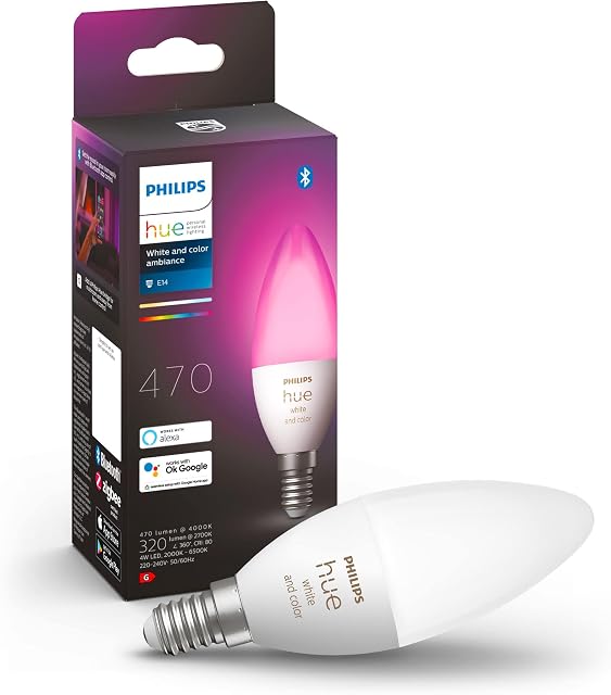 Philips Hue NEW White and Colour Ambiance Smart Light Bulb [E14 Small Edison Screw] With Bluetooth. Works with Alexa, Google Assistant and Apple Homekit