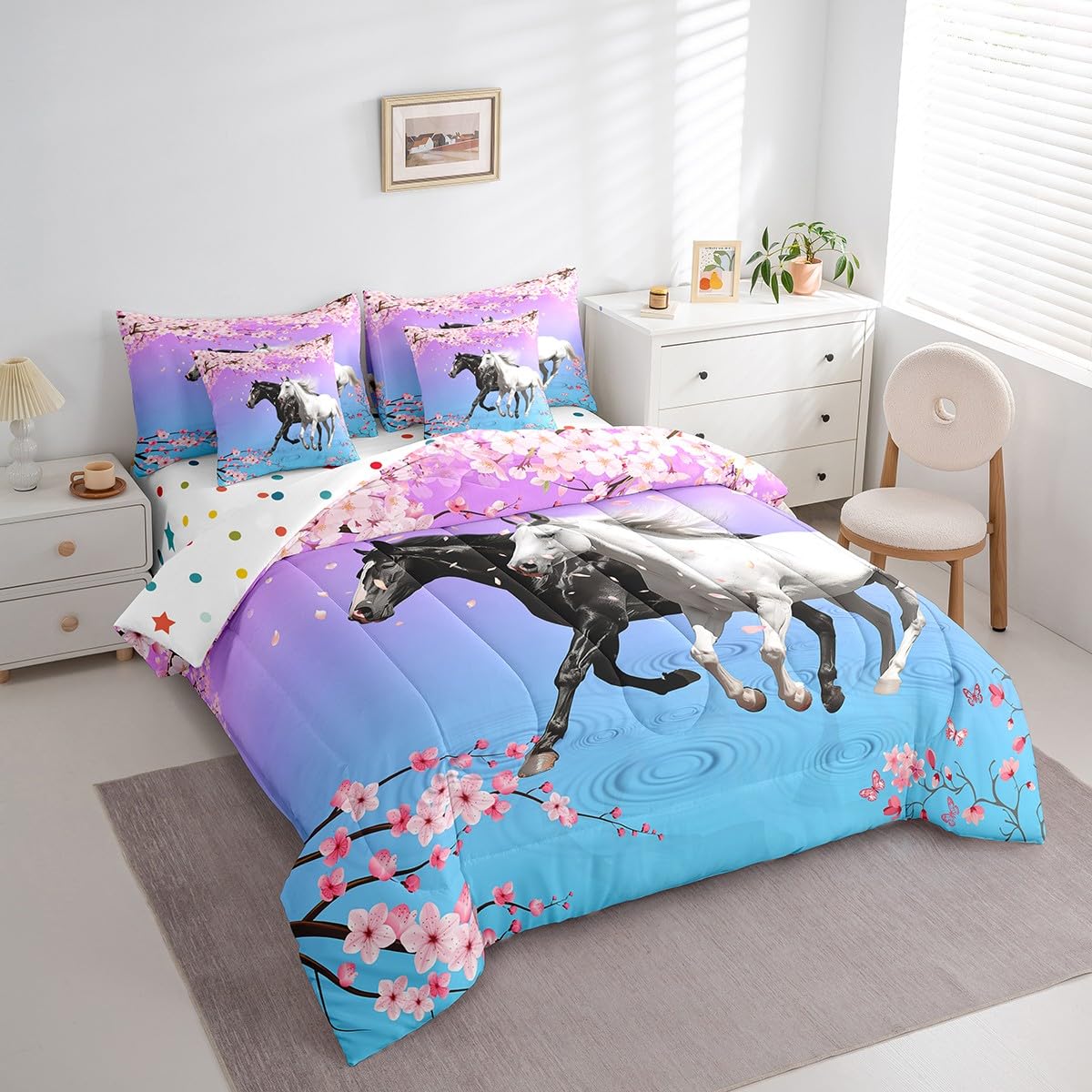 7-Piece Horse Comforter Set Twin Size - Cherry Blossom & Horse Bedding For Girls & Women