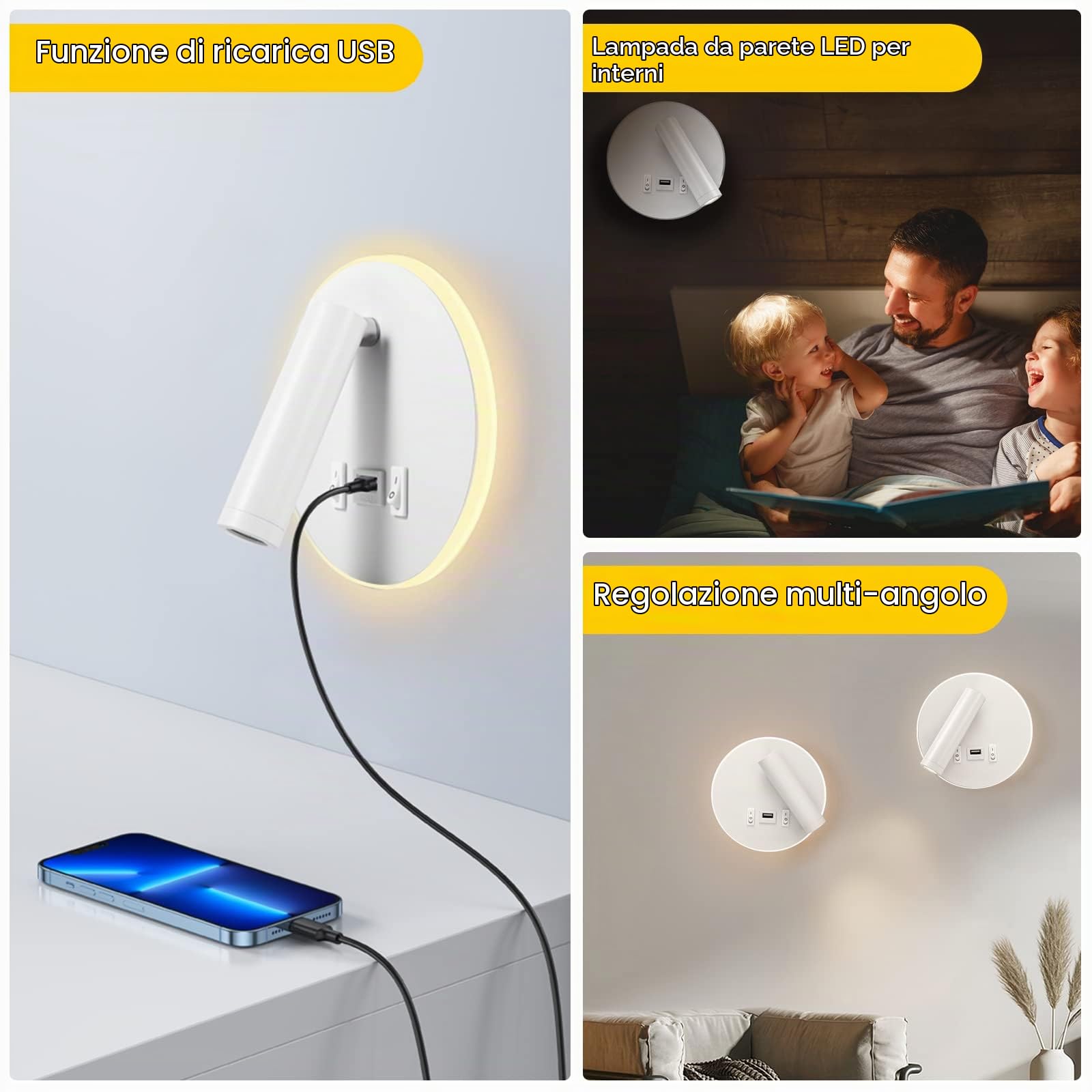 Weigudoc Lampada da Parete a LED con Porta di Ricarica USB, Lampada da Lettura da Comodino Orientabile, Applique da Comodino (3W 3000K+9W 3000K) per Camera da Letto comodino Soggiorno Studio (Bianco)